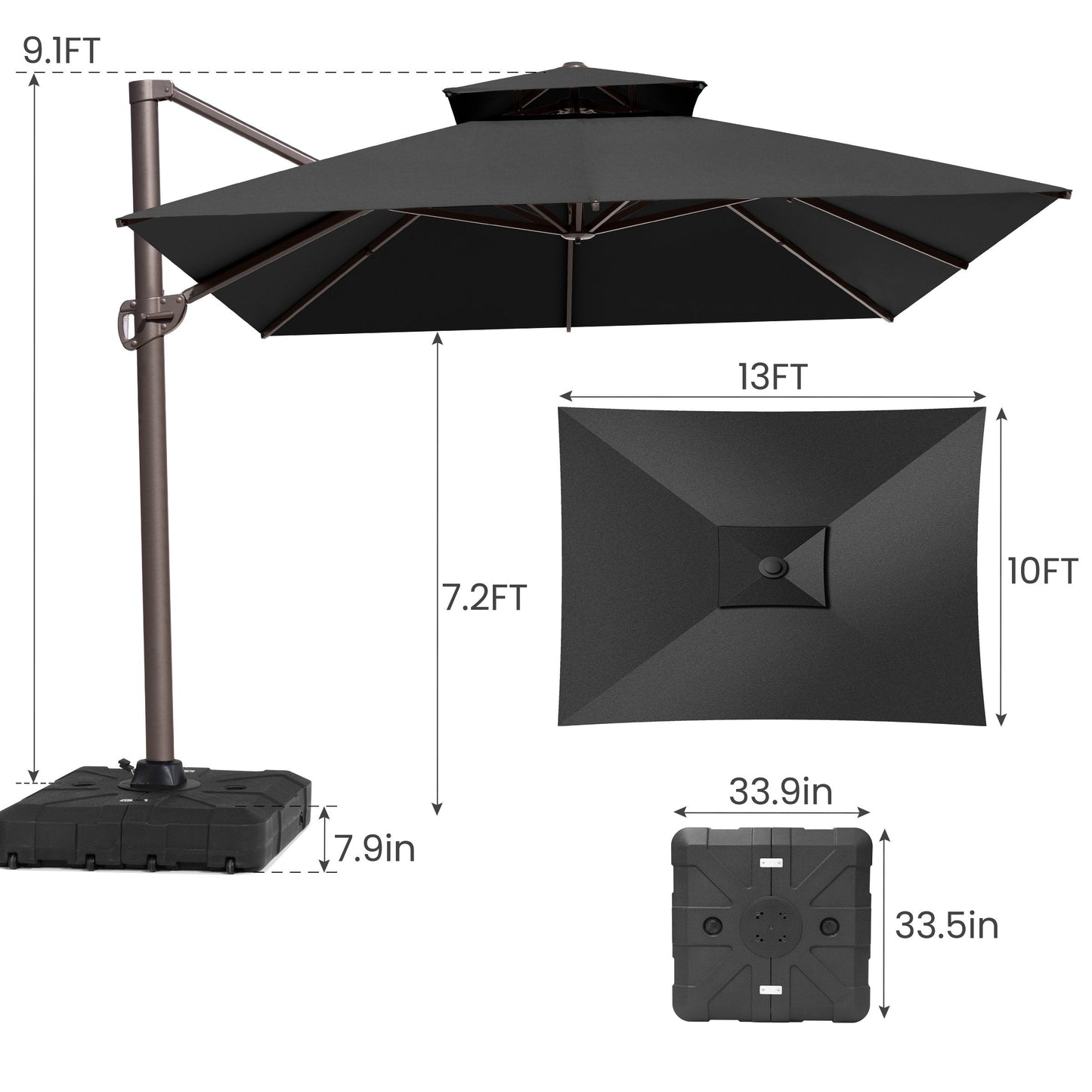 13x10 ft Aluminum Cantilever Patio Umbrella with Double Top (Base Options)
