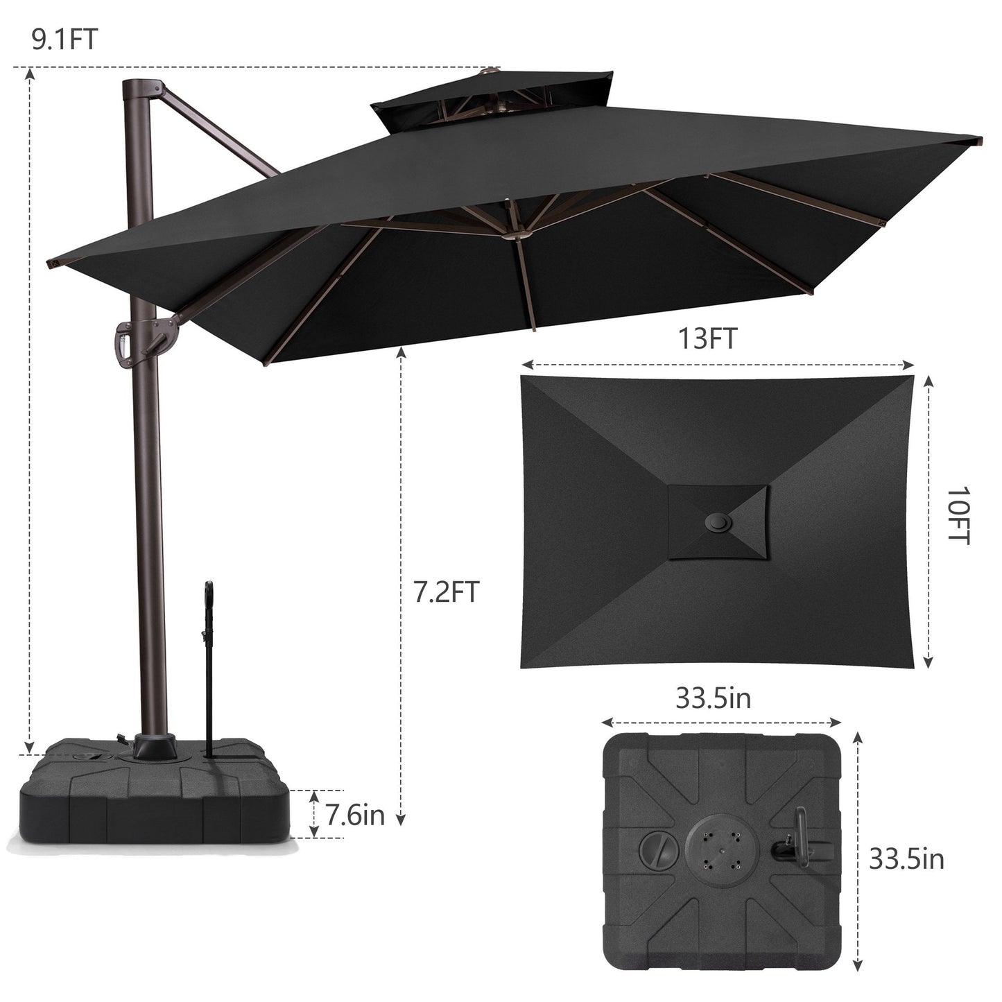 13x10 ft Aluminum Cantilever Patio Umbrella with Double Top (Base Options)