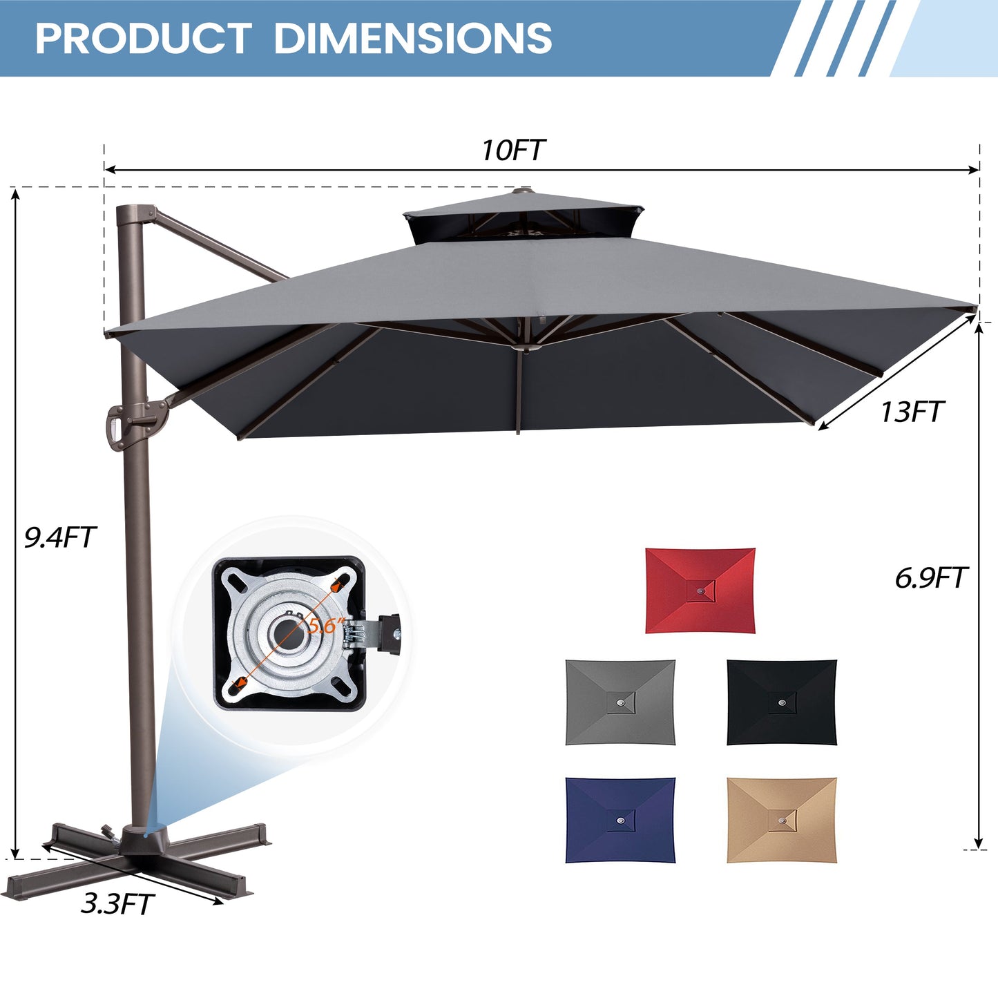 13x10 ft Aluminum Cantilever Patio Umbrella with Double Top (Base Options)