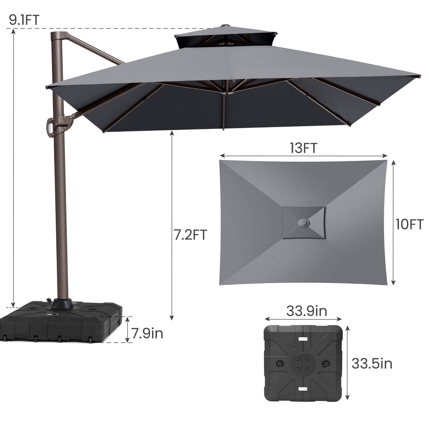 13x10 ft Aluminum Cantilever Patio Umbrella with Double Top (Base Options)