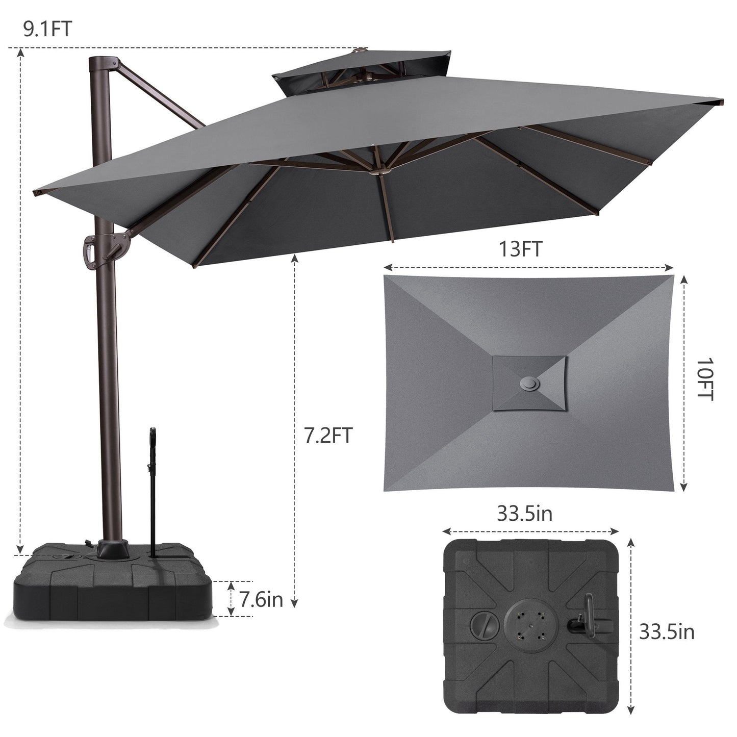 13x10 ft Aluminum Cantilever Patio Umbrella with Double Top (Base Options)