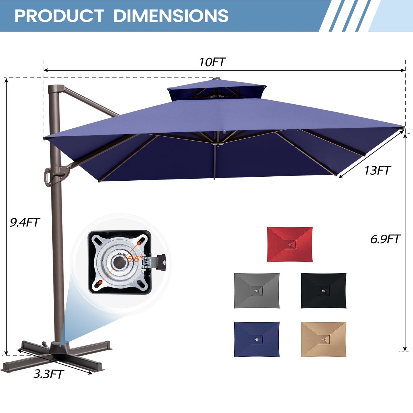 13x10 ft Aluminum Cantilever Patio Umbrella with Double Top (Base Options)