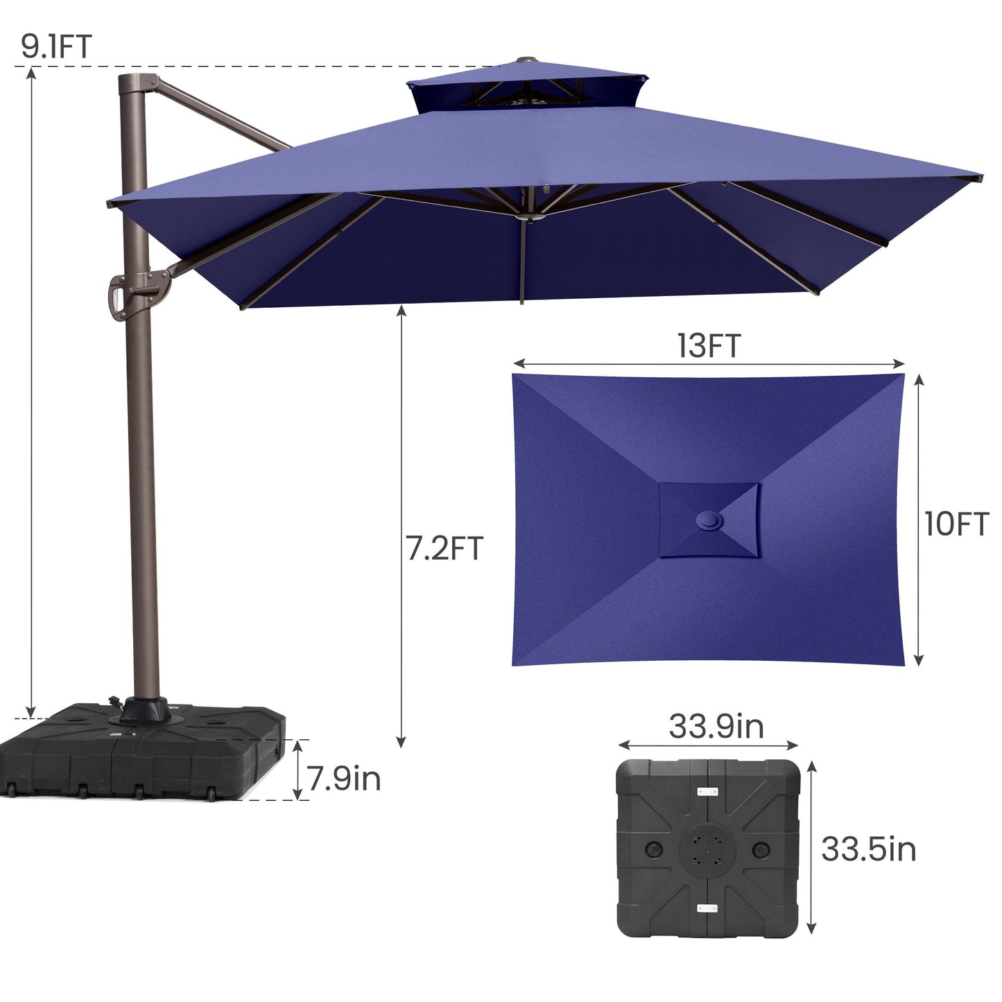 13x10 ft Aluminum Cantilever Patio Umbrella with Double Top (Base Options)