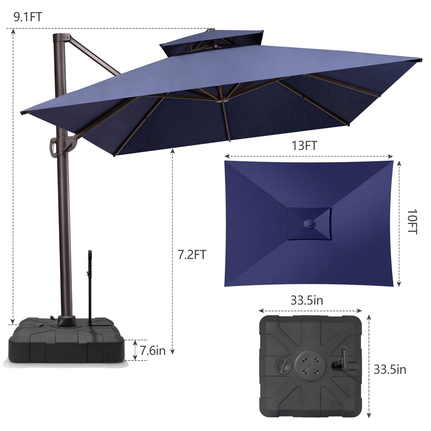 13x10 ft Aluminum Cantilever Patio Umbrella with Double Top (Base Options)