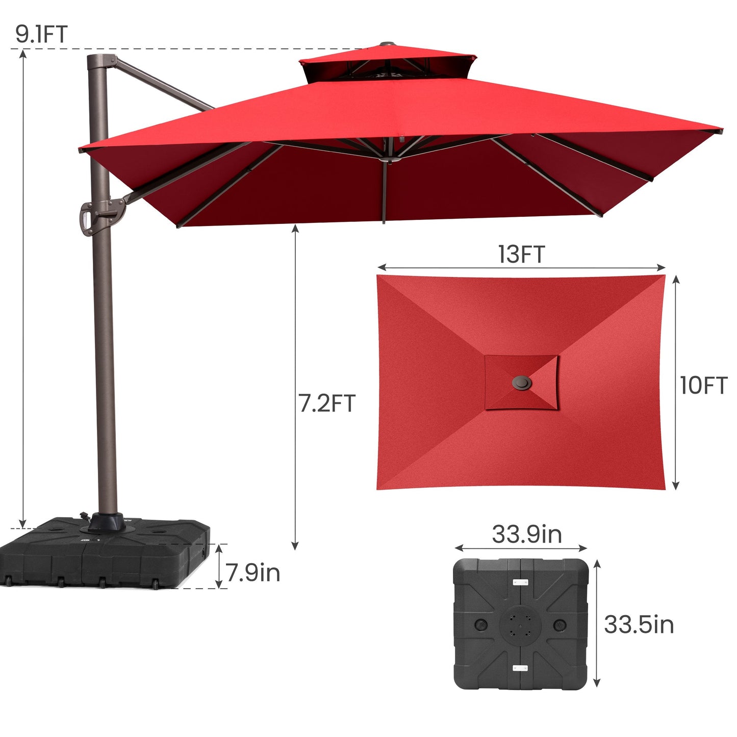 13x10 ft Aluminum Cantilever Patio Umbrella with Double Top (Base Options)