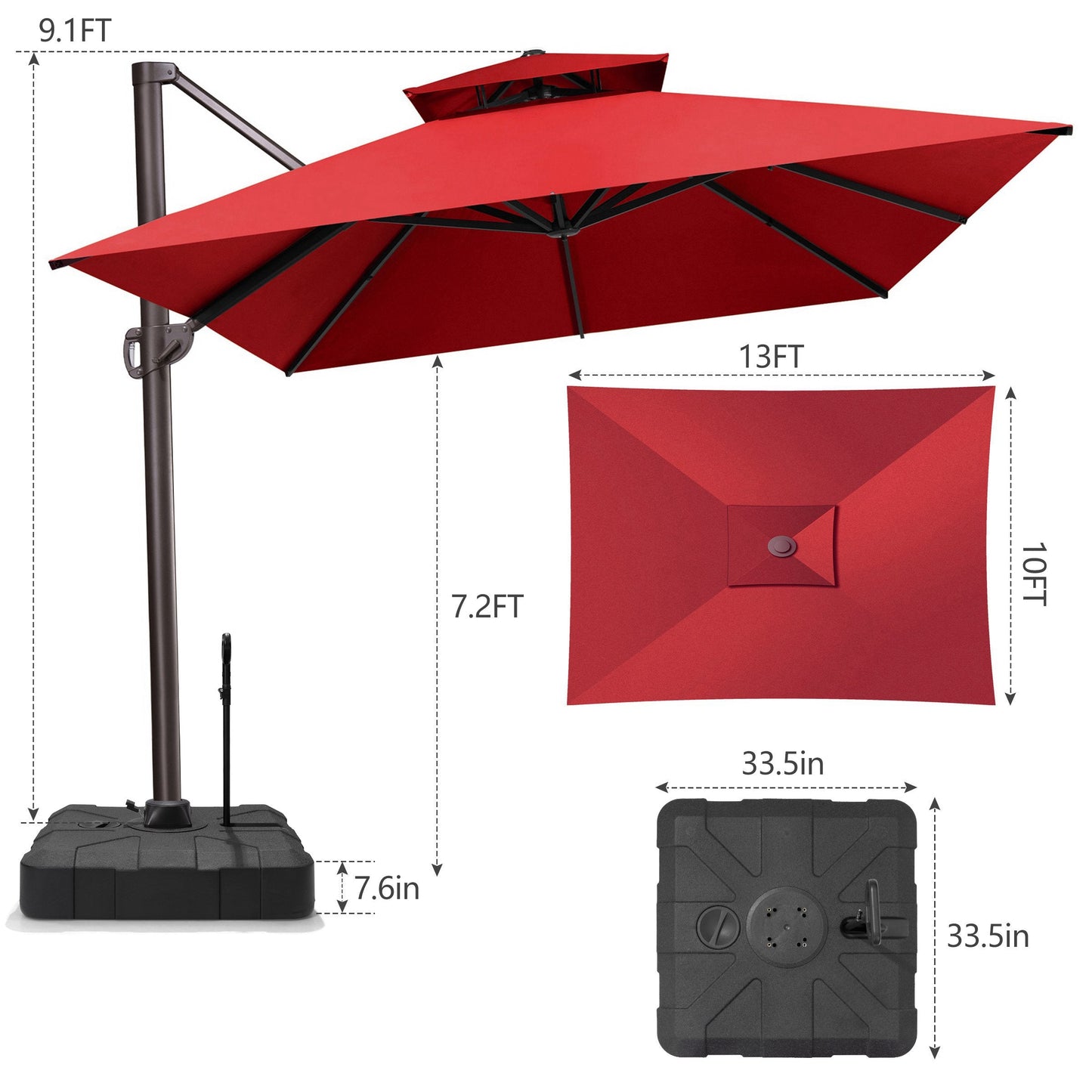 13x10 ft Aluminum Cantilever Patio Umbrella with Double Top (Base Options)