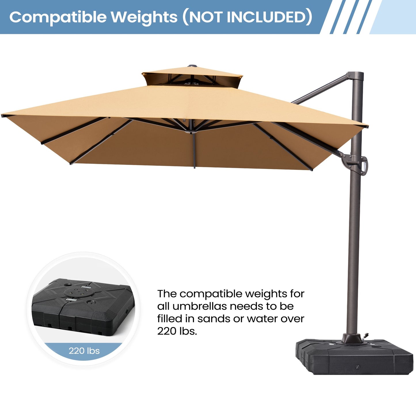 13x10 ft Aluminum Cantilever Patio Umbrella with Double Top (Base Options)