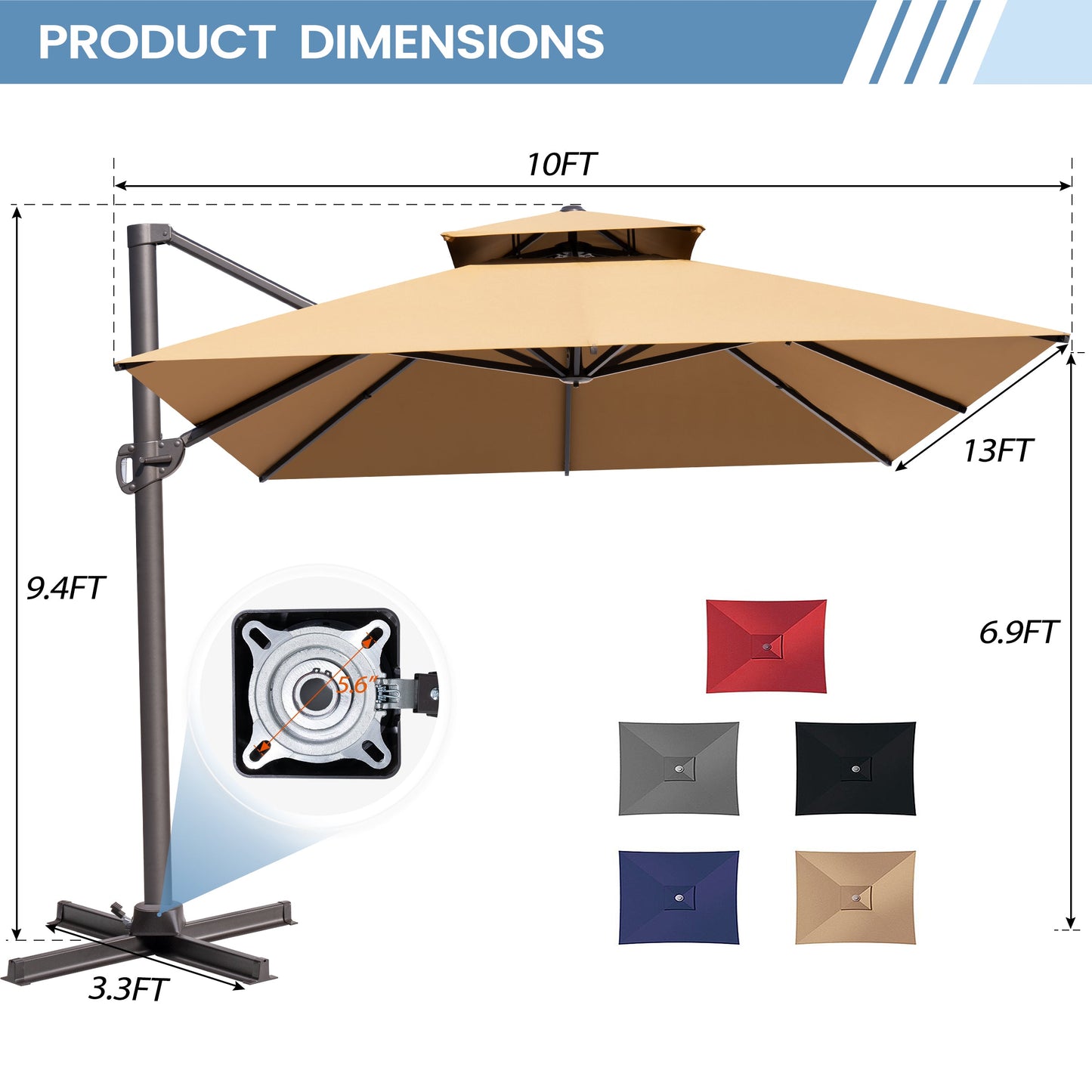13x10 ft Aluminum Cantilever Patio Umbrella with Double Top (Base Options)