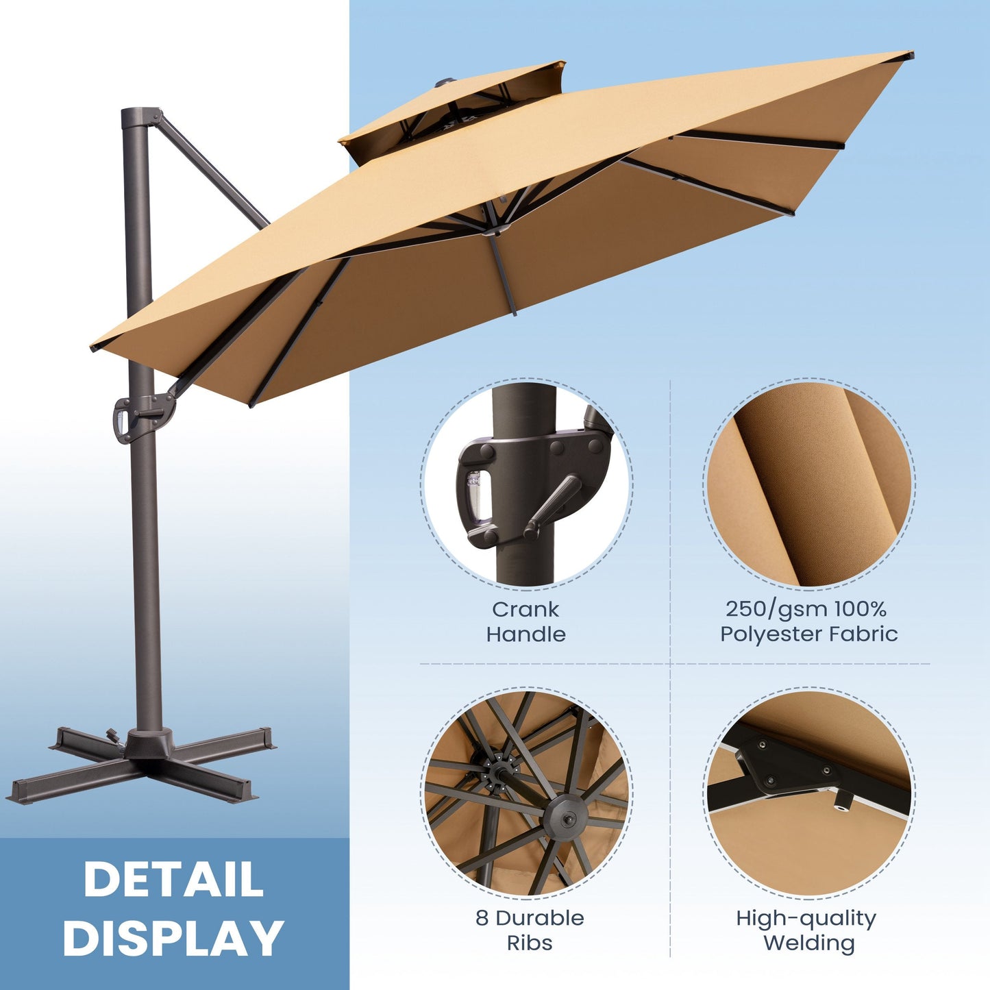 13x10 ft Aluminum Cantilever Patio Umbrella with Double Top (Base Options)