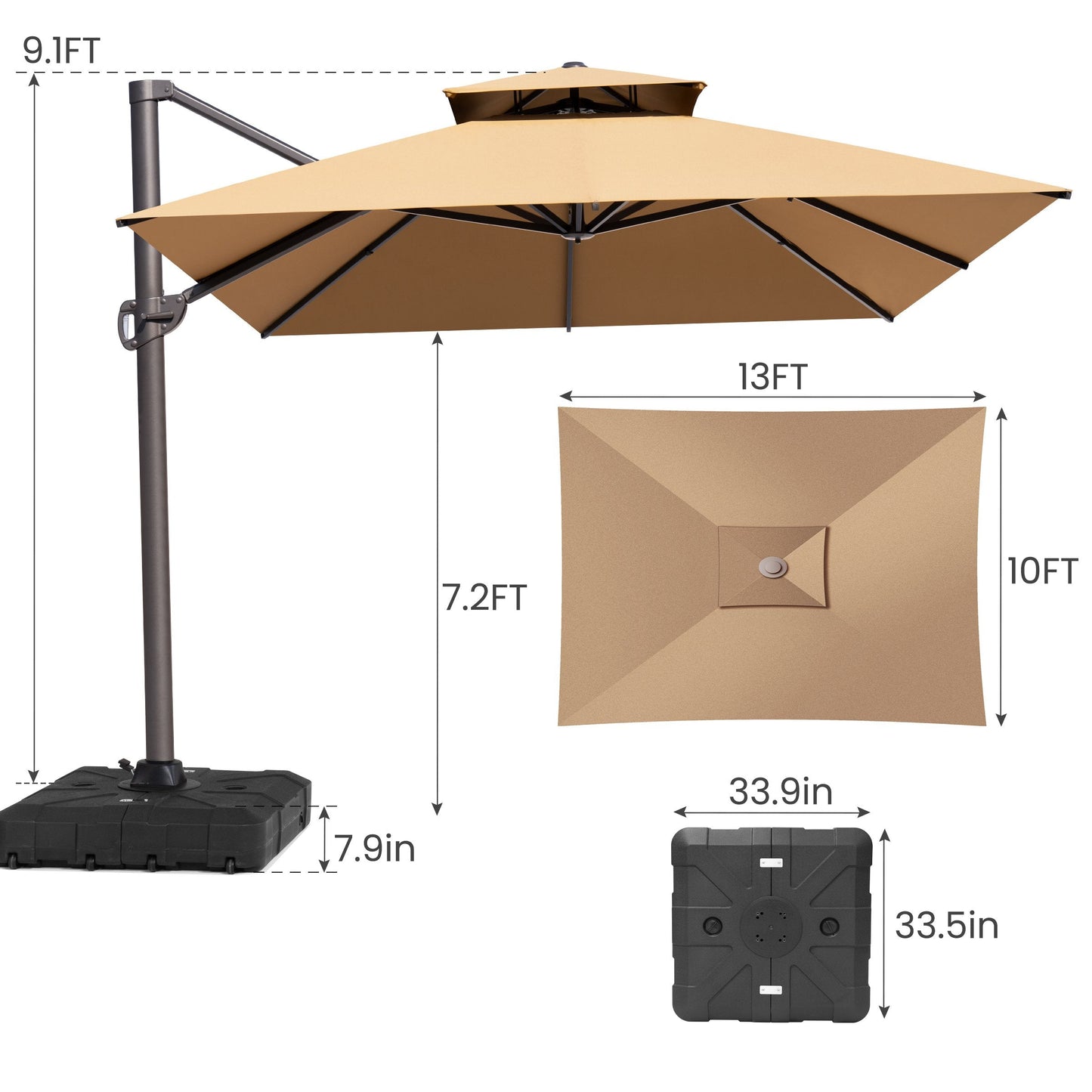 13x10 ft Aluminum Cantilever Patio Umbrella with Double Top (Base Options)