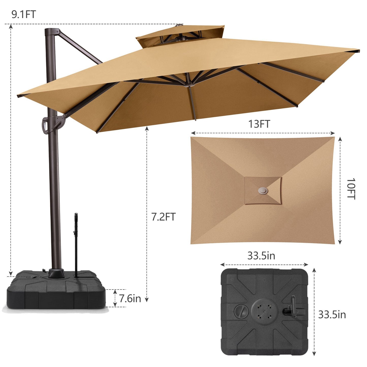 13x10 ft Aluminum Cantilever Patio Umbrella with Double Top (Base Options)