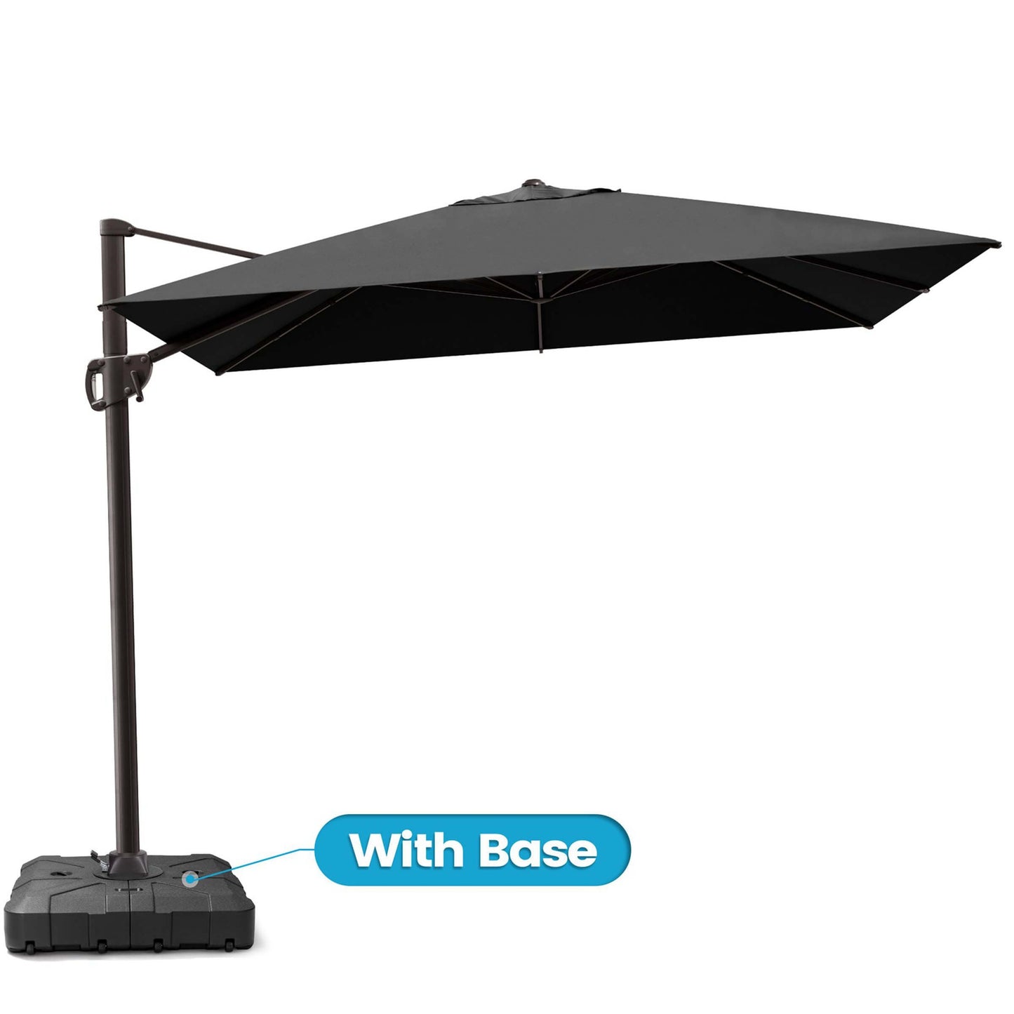 Black rectangular cantilever patio umbrella with wheeled base.