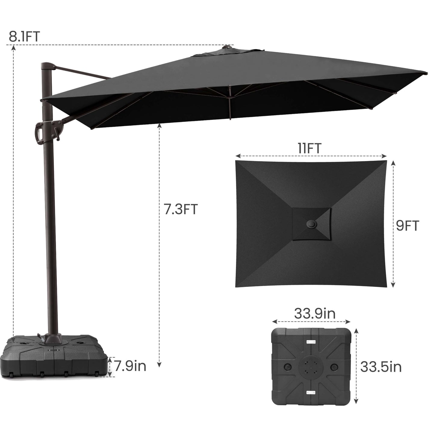11x9 FT black rectangular cantilever umbrella & wheeled base dimensions.