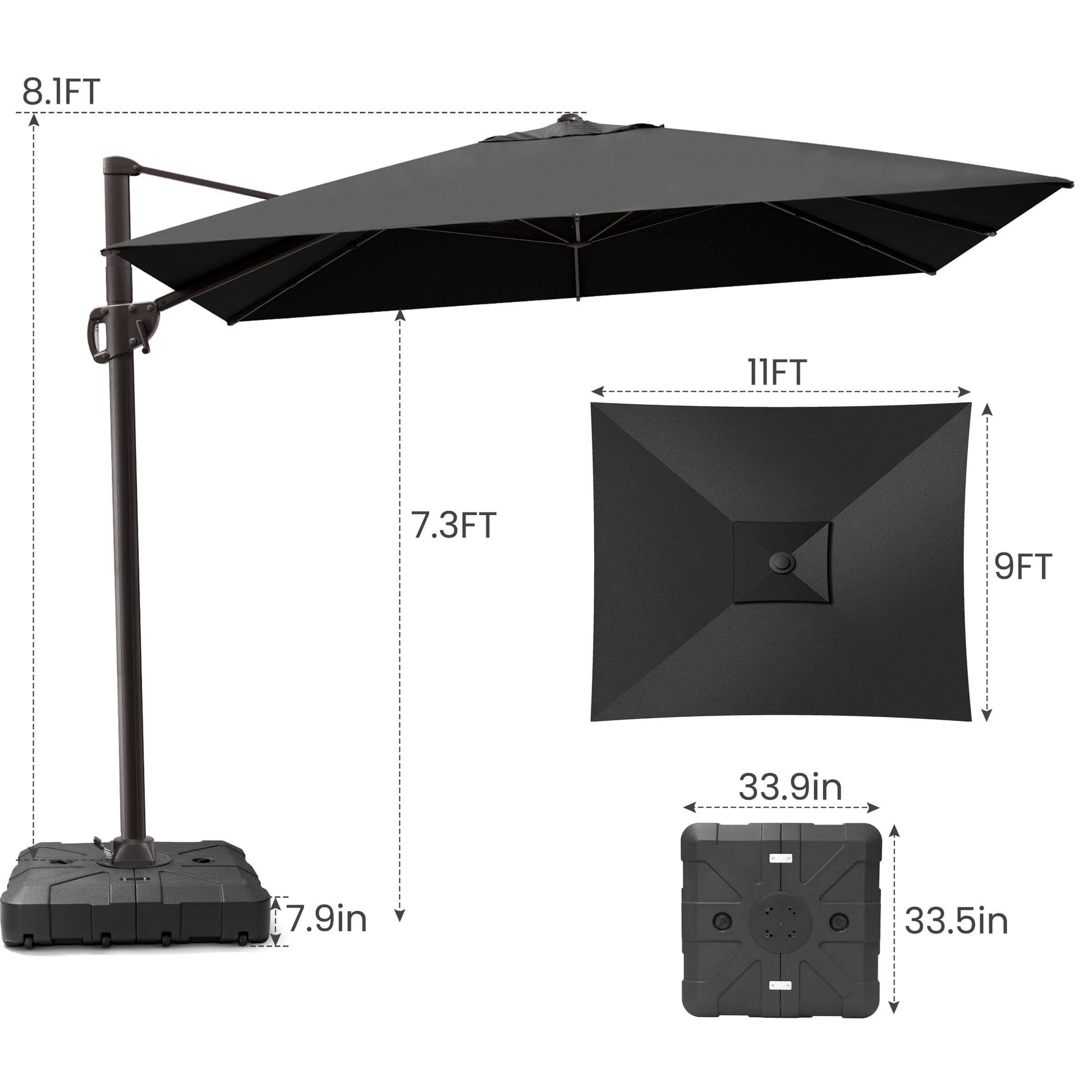 11x9 FT black rectangular cantilever umbrella & wheeled base dimensions.