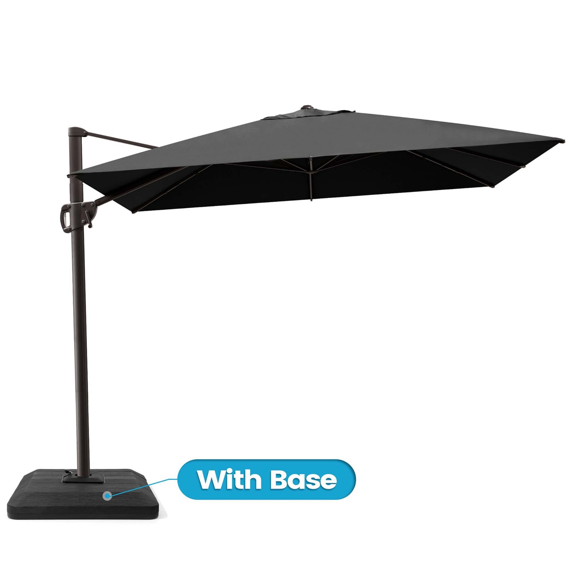 Black rectangular cantilever patio umbrella with weighted base.