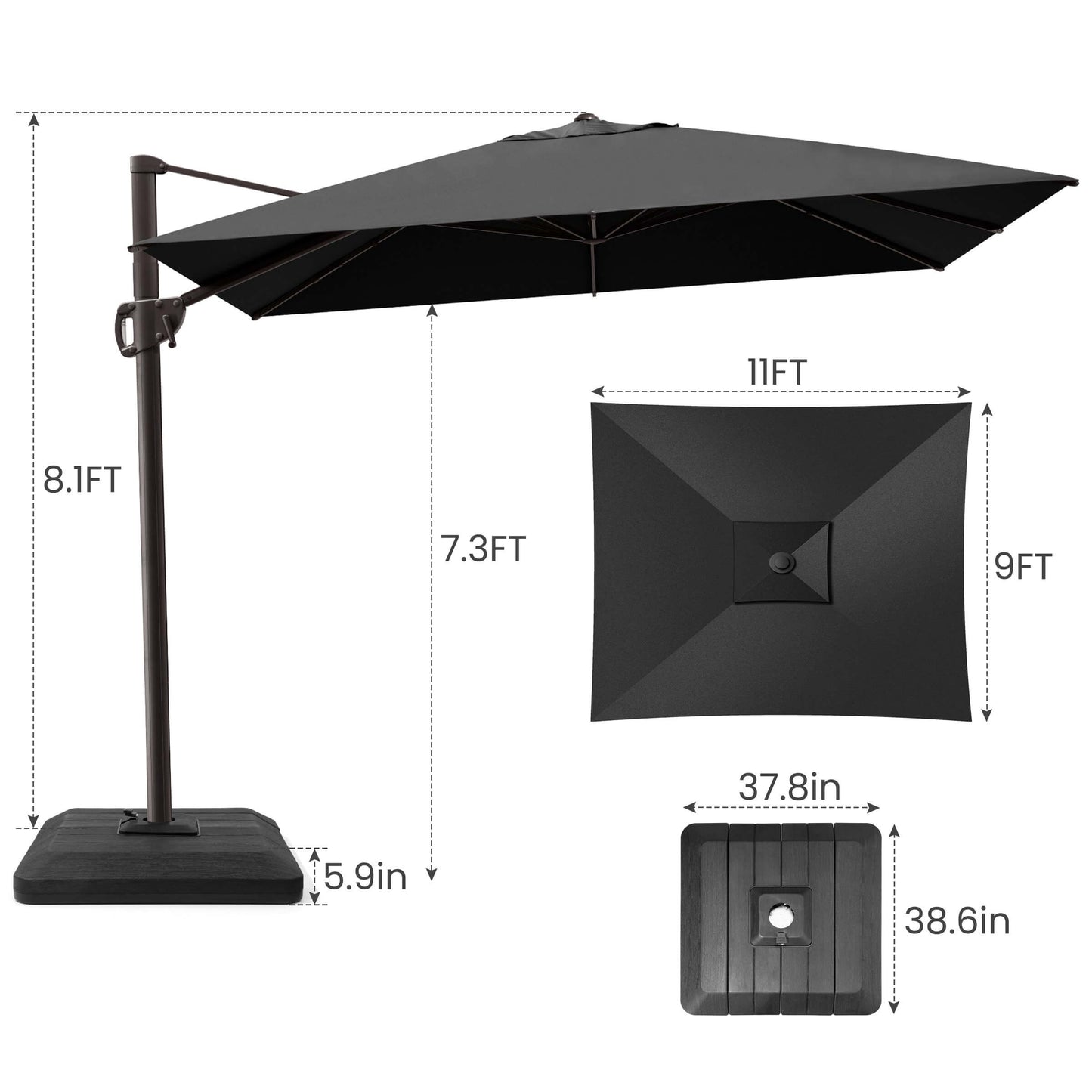 11x9 FT black rectangular cantilever umbrella & weighted base dimensions.