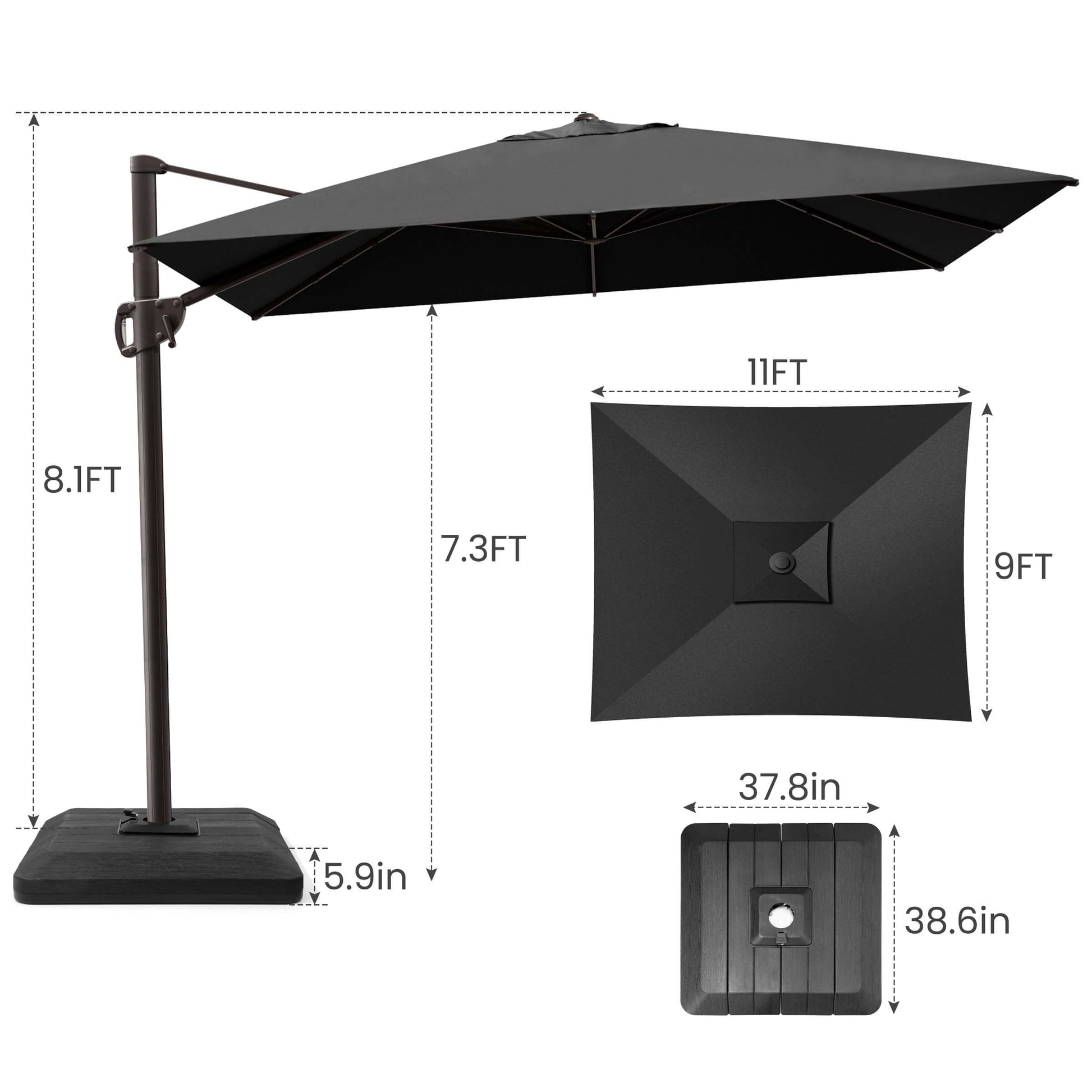 11x9 FT black rectangular cantilever umbrella & weighted base dimensions.