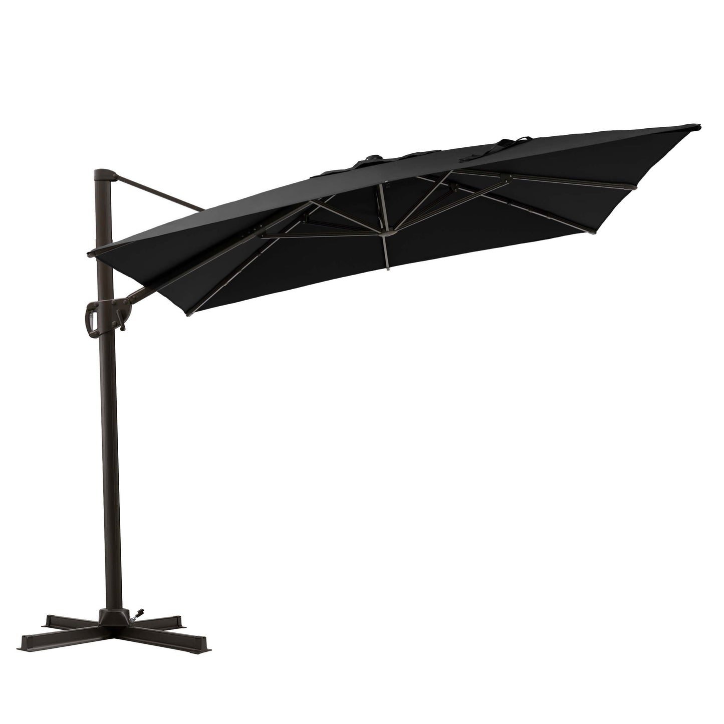 Tilted black rectangular cantilever patio umbrella with cross base.
