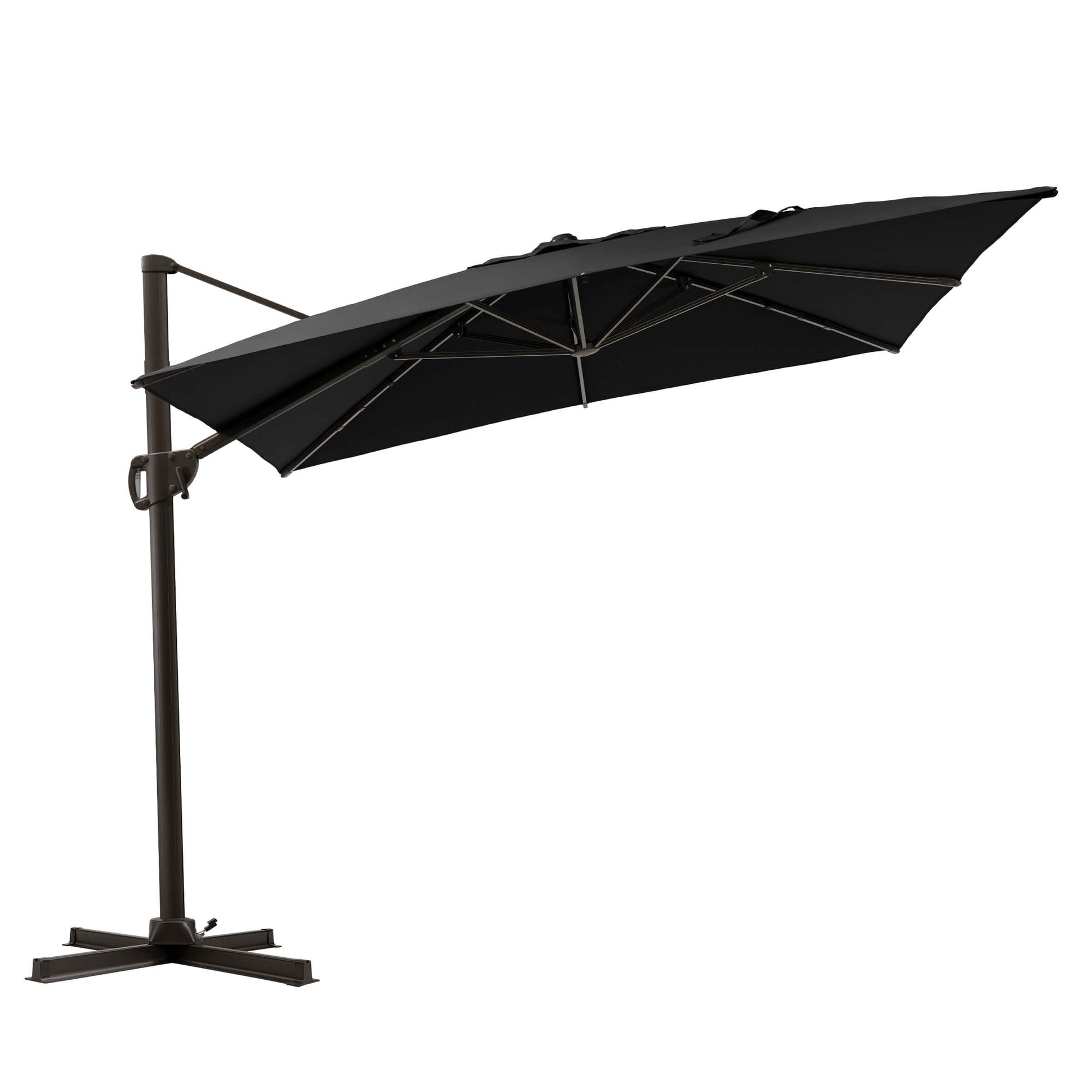 Tilted black rectangular cantilever patio umbrella with cross base.
