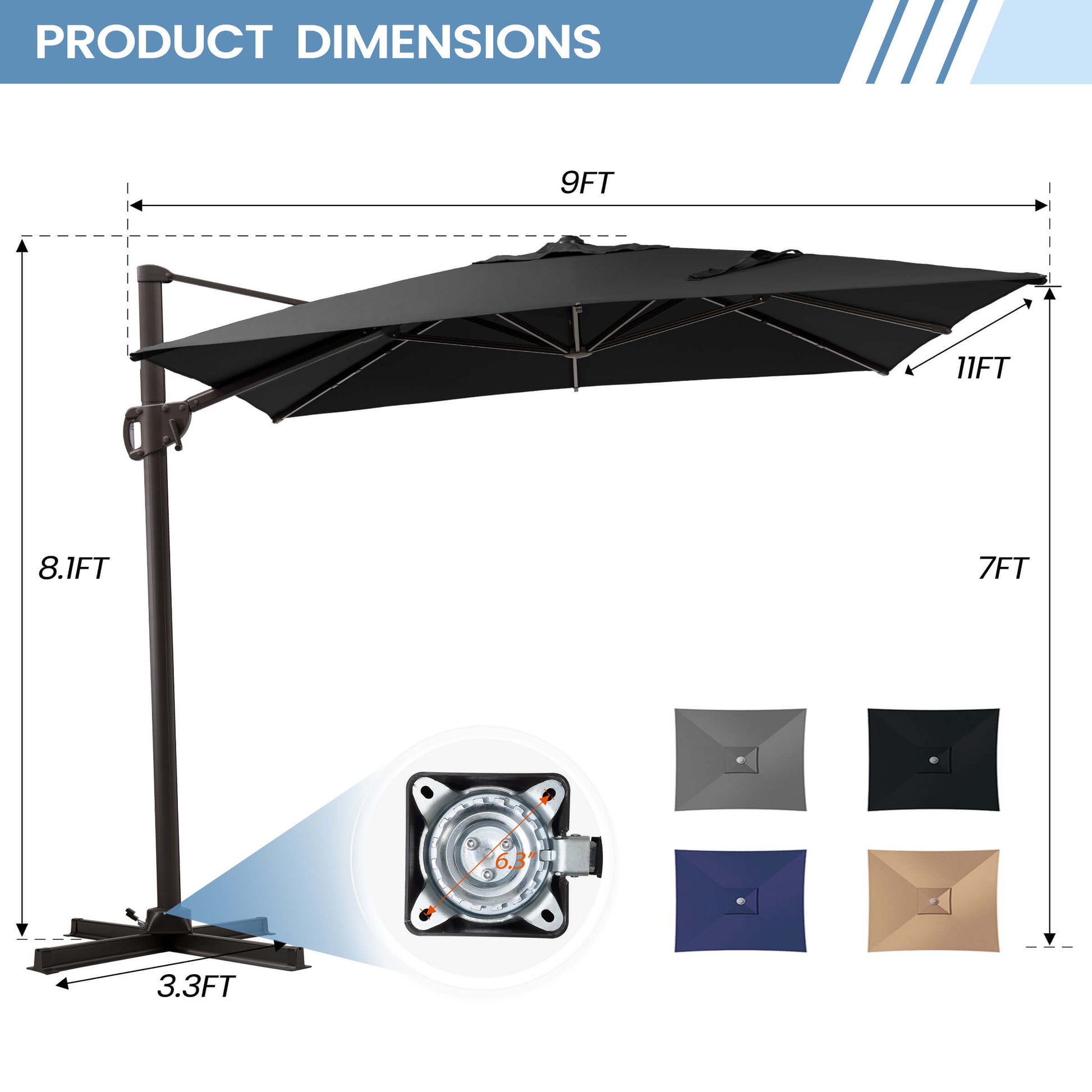 Black rectangular cantilever patio umbrella over poolside lounge chairs.