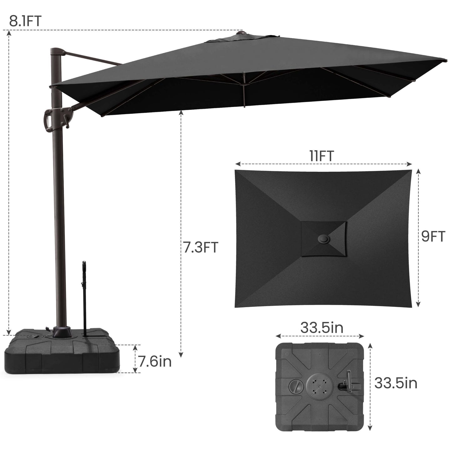 11x9 FT black rectangular cantilever umbrella & pull-rod base dimensions.
