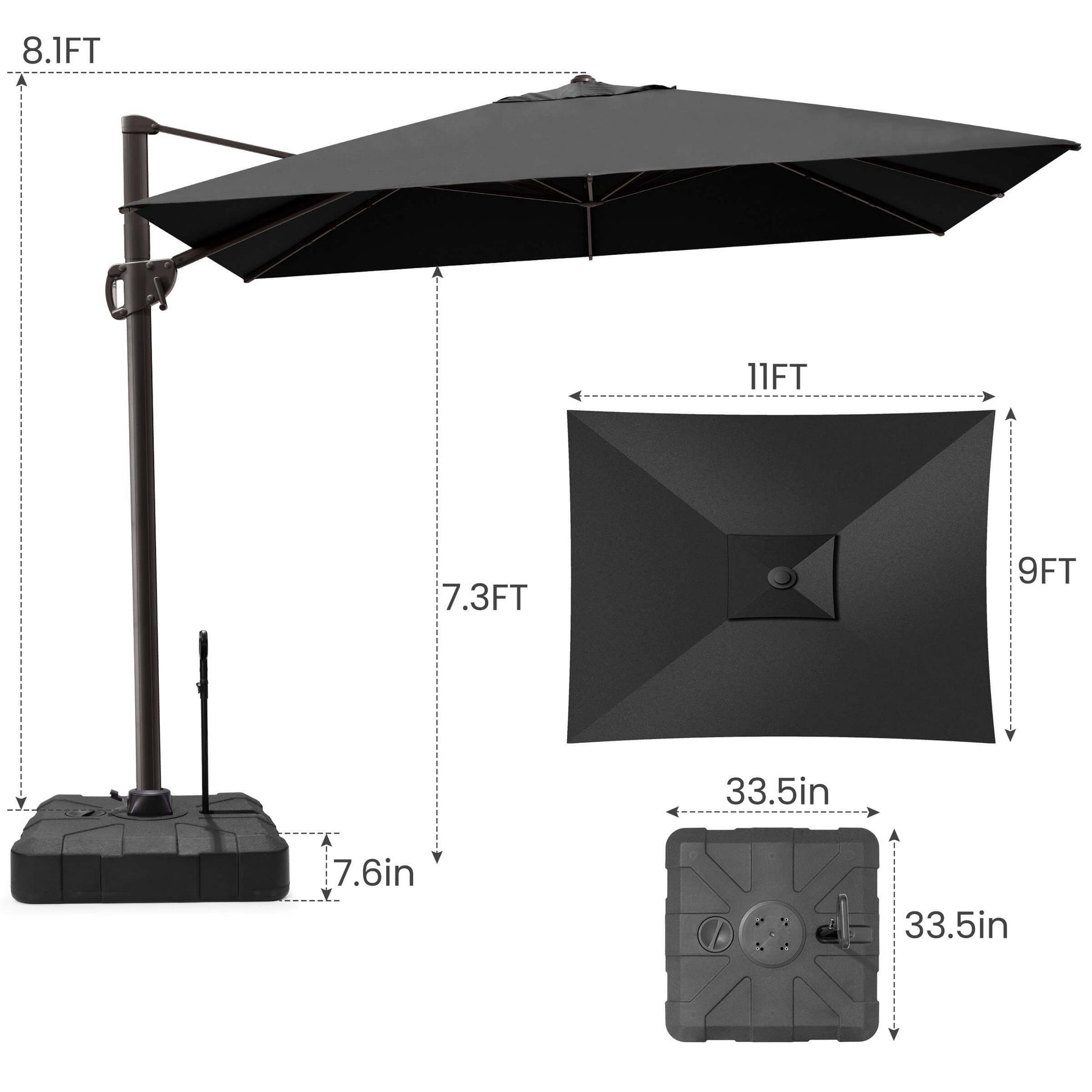 11x9 FT black rectangular cantilever umbrella & pull-rod base dimensions.
