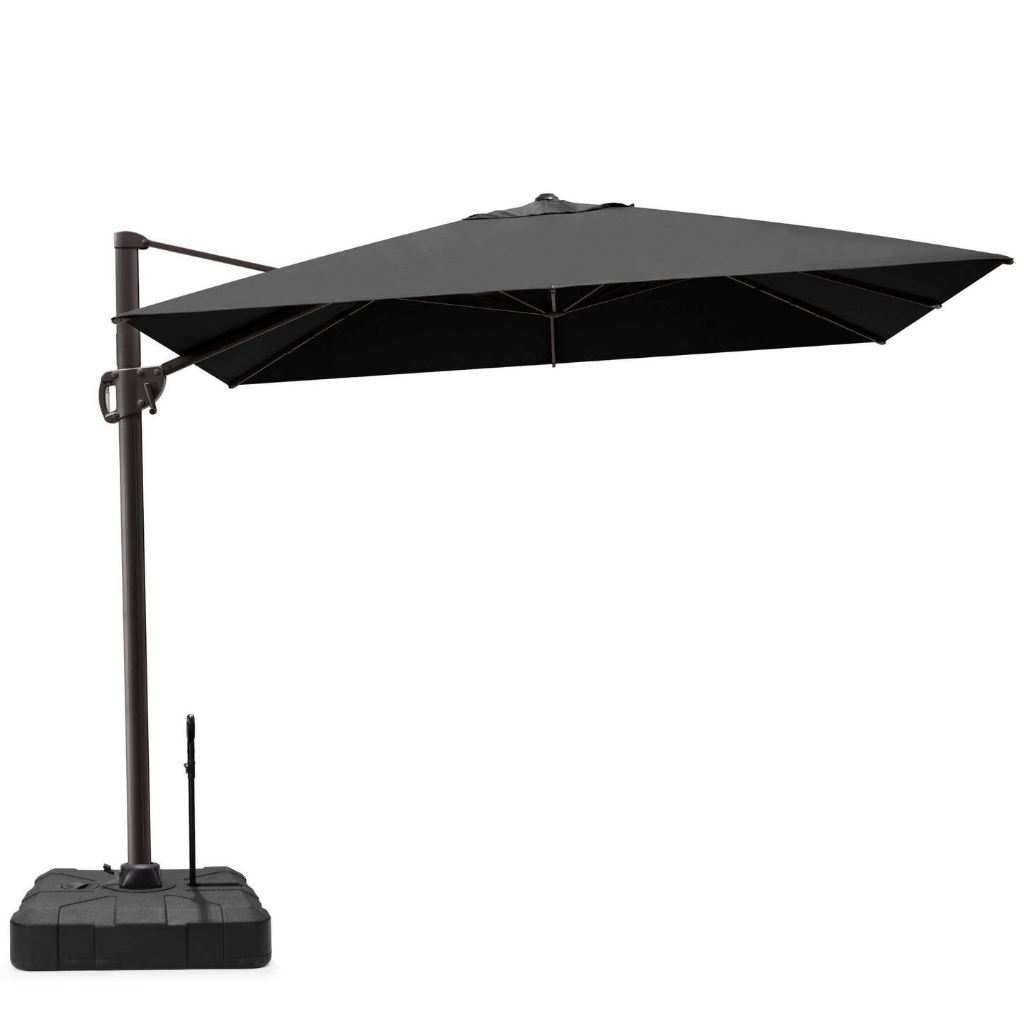 Black rectangular cantilever patio umbrella with pull-rod base.