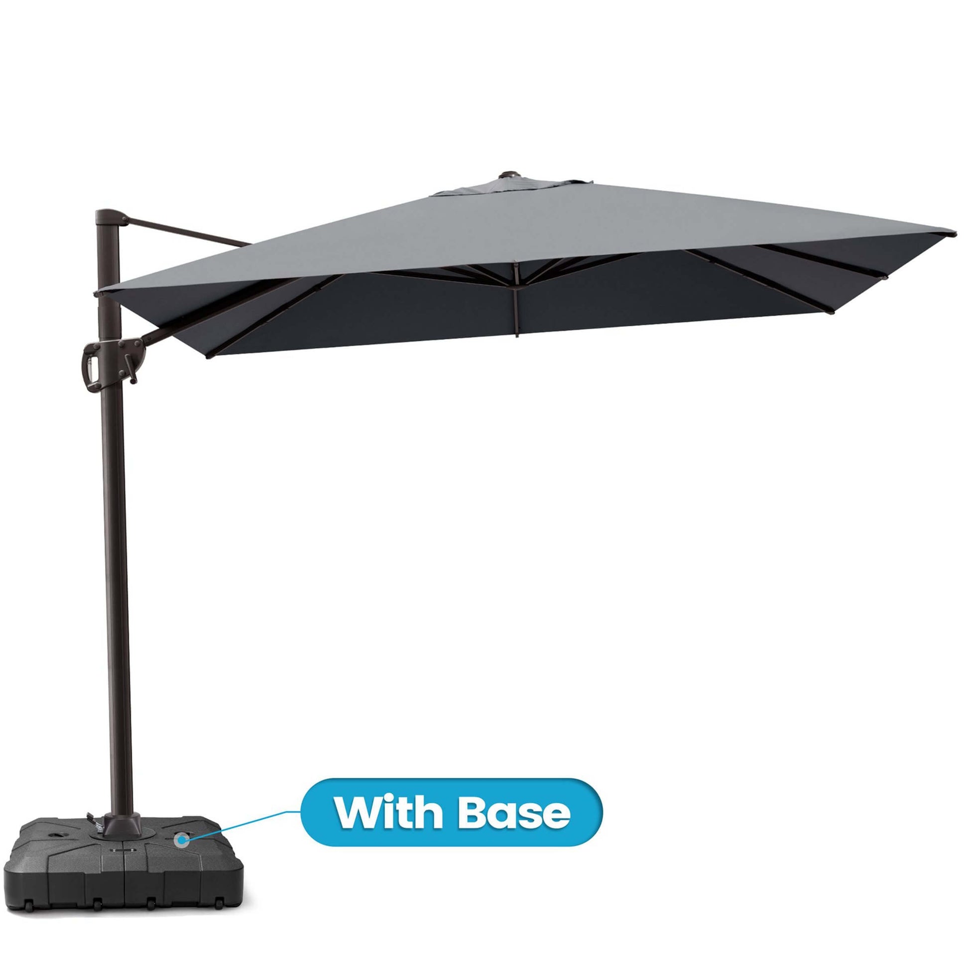 Grey rectangular cantilever patio umbrella with wheeled base.