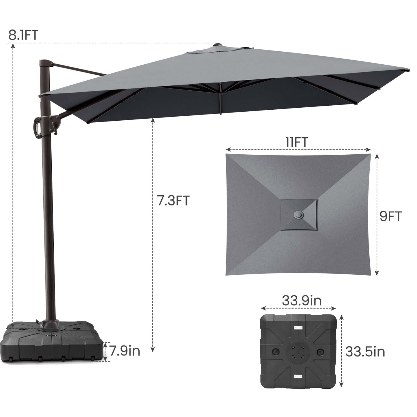 11x9 FT grey rectangular cantilever umbrella & wheeled base dimensions.