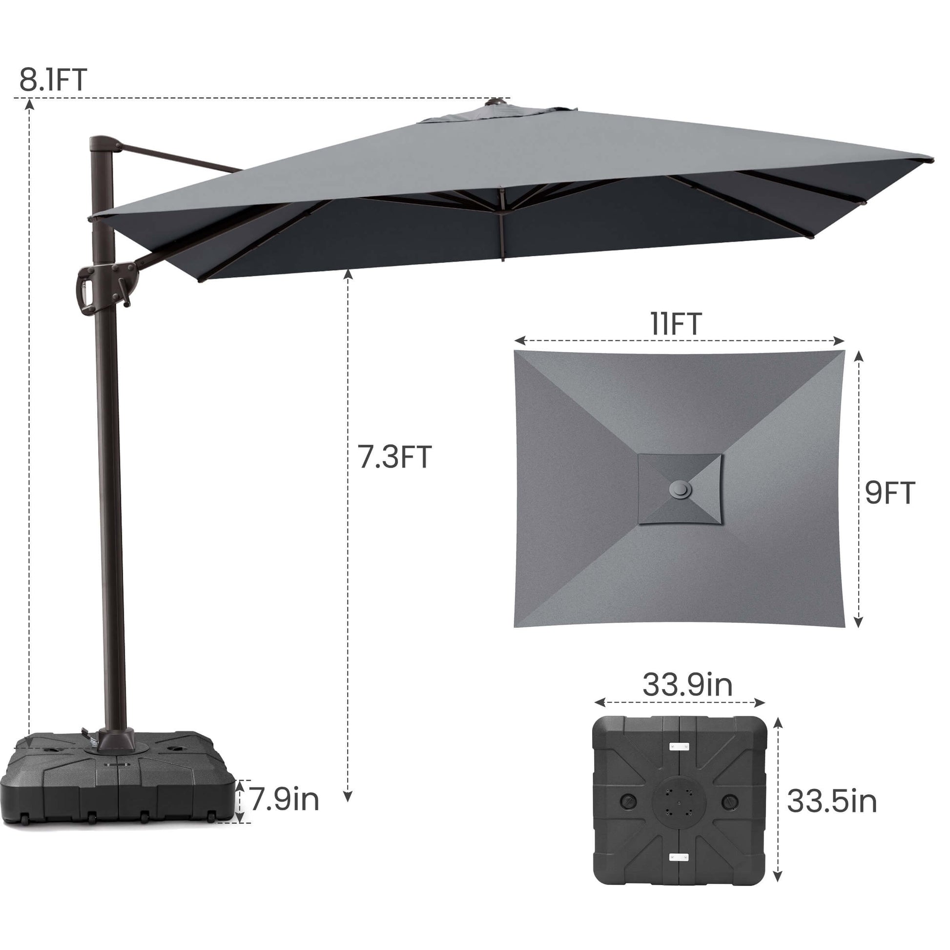 11x9 FT grey rectangular cantilever umbrella & wheeled base dimensions.