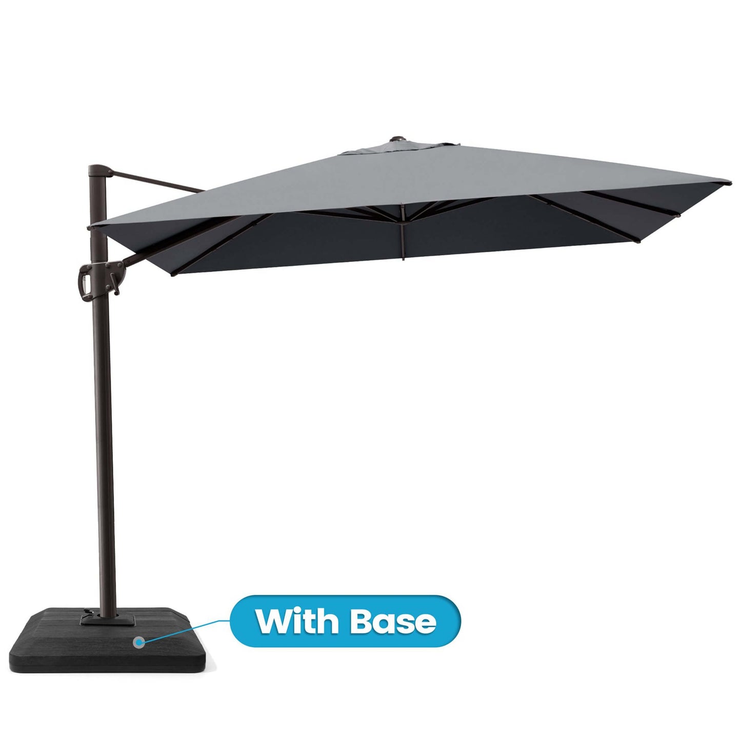 Grey rectangular cantilever patio umbrella with weighted base.