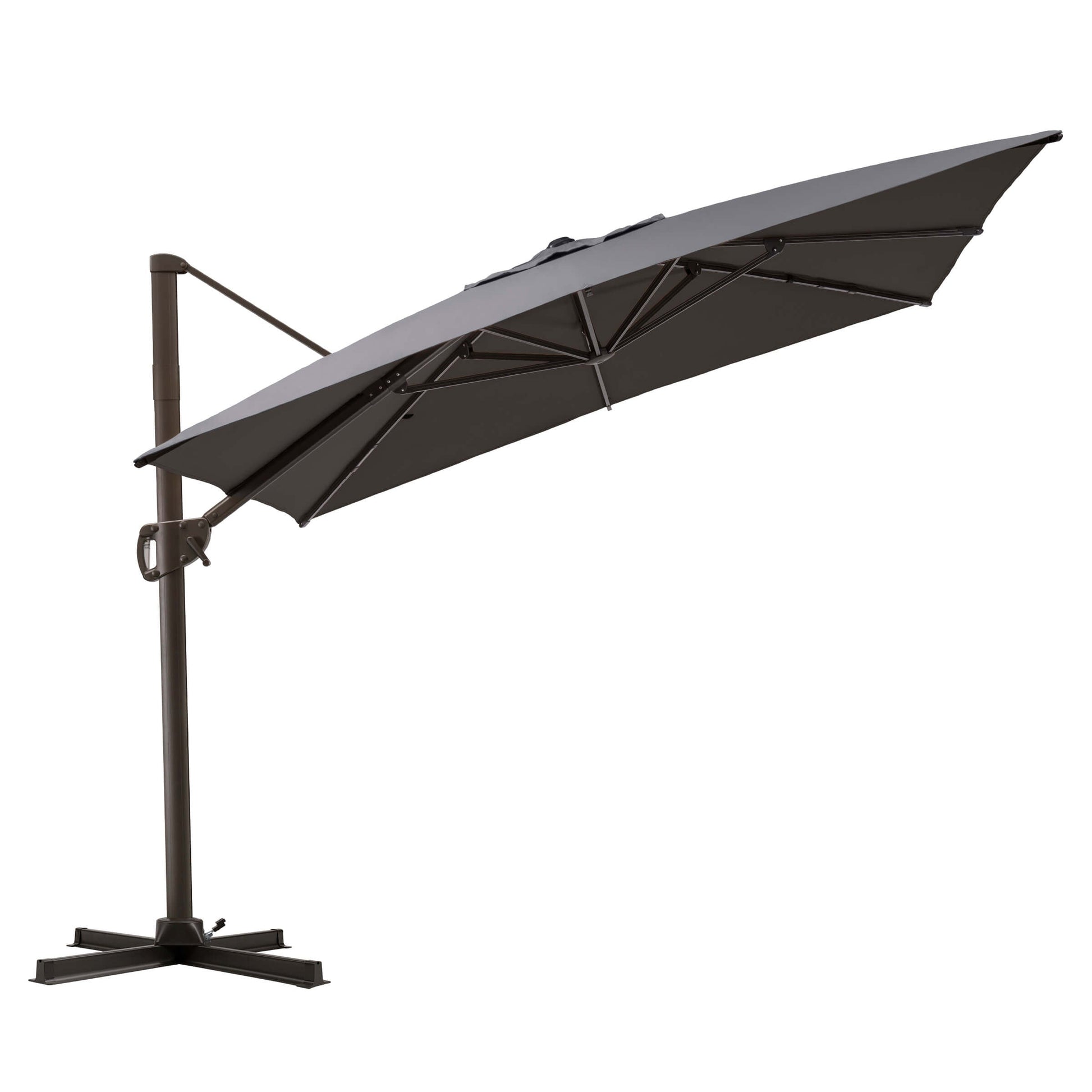 Tilted grey rectangular cantilever patio umbrella with cross base.