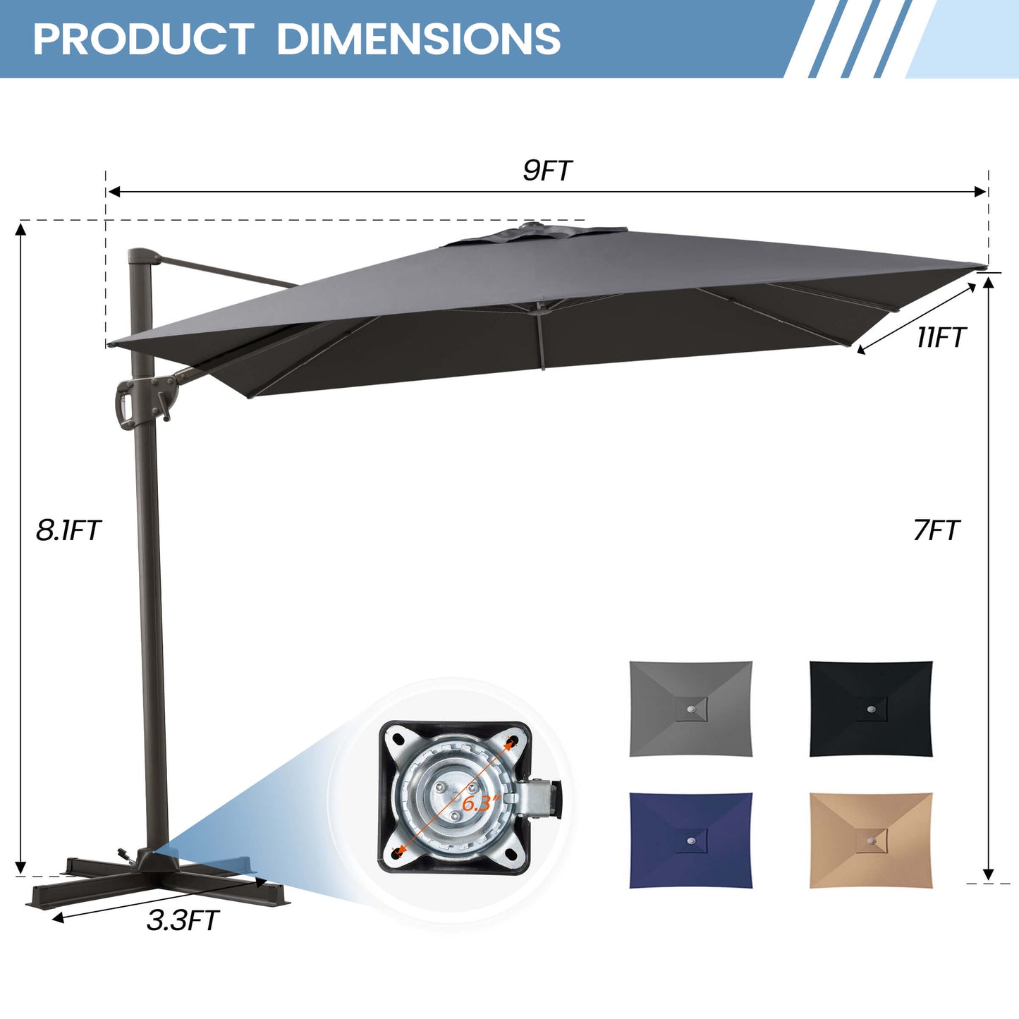 11x9 FT grey rectangular cantilever umbrella dimensions, cross base, and color options.