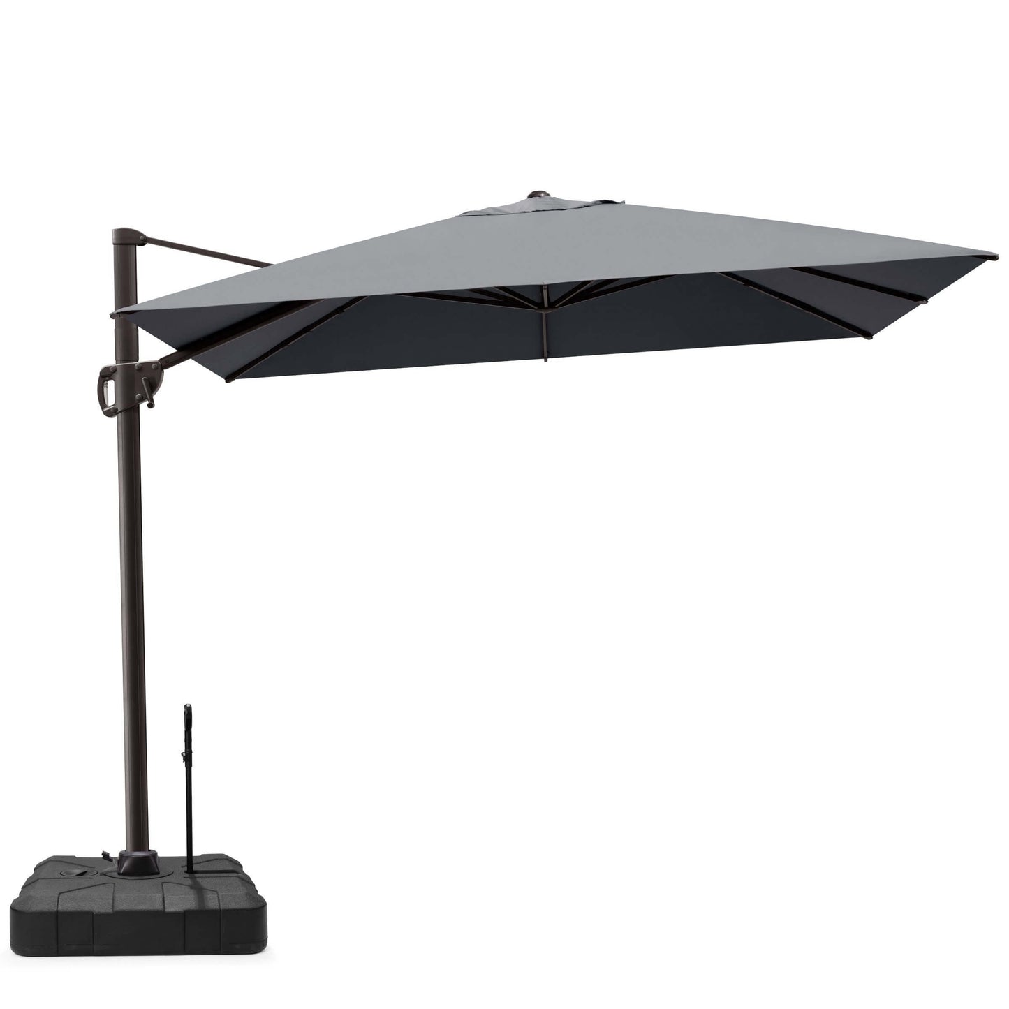 Grey rectangular cantilever patio umbrella with weighted pull-rod base.