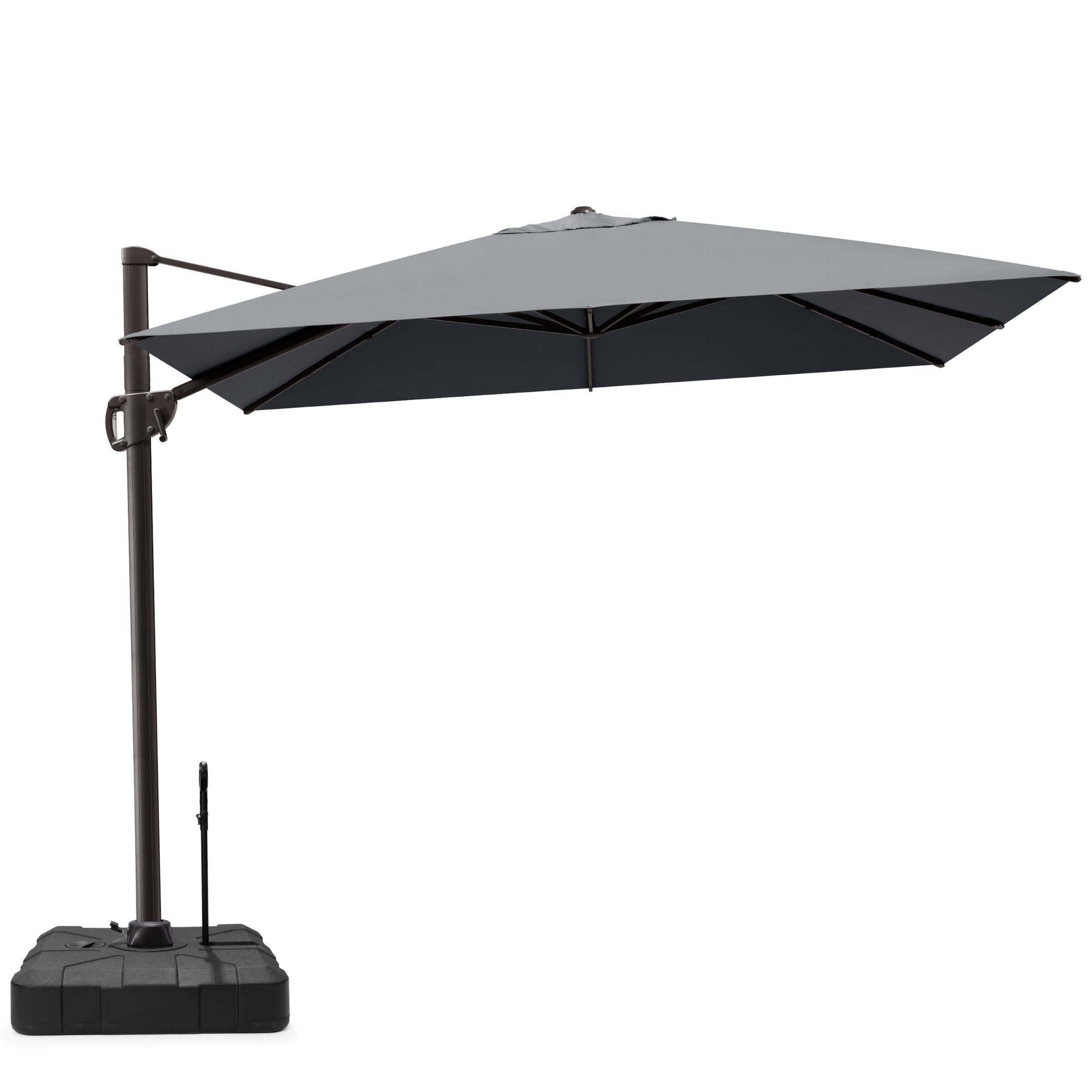 Grey rectangular cantilever patio umbrella with weighted pull-rod base.