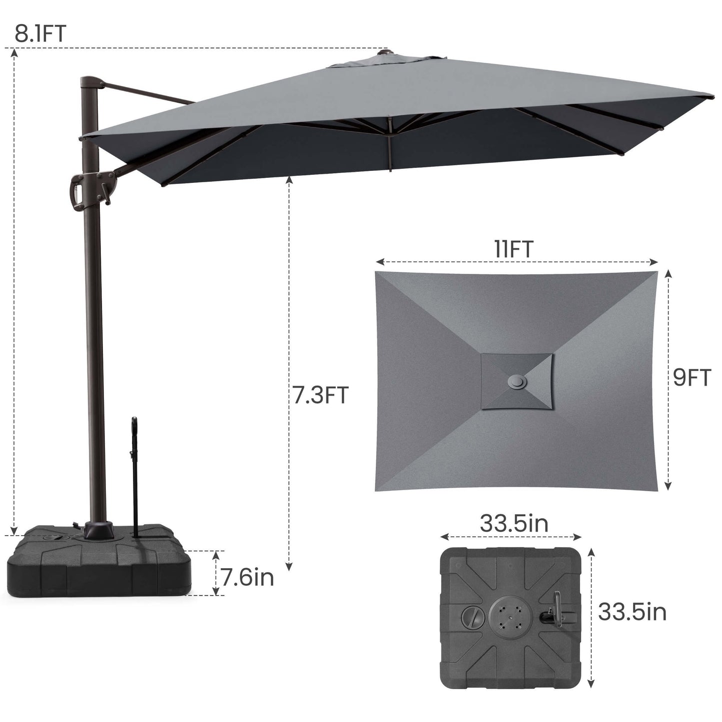11x9 FT grey rectangular cantilever umbrella & weighted pull-rod base dimensions.