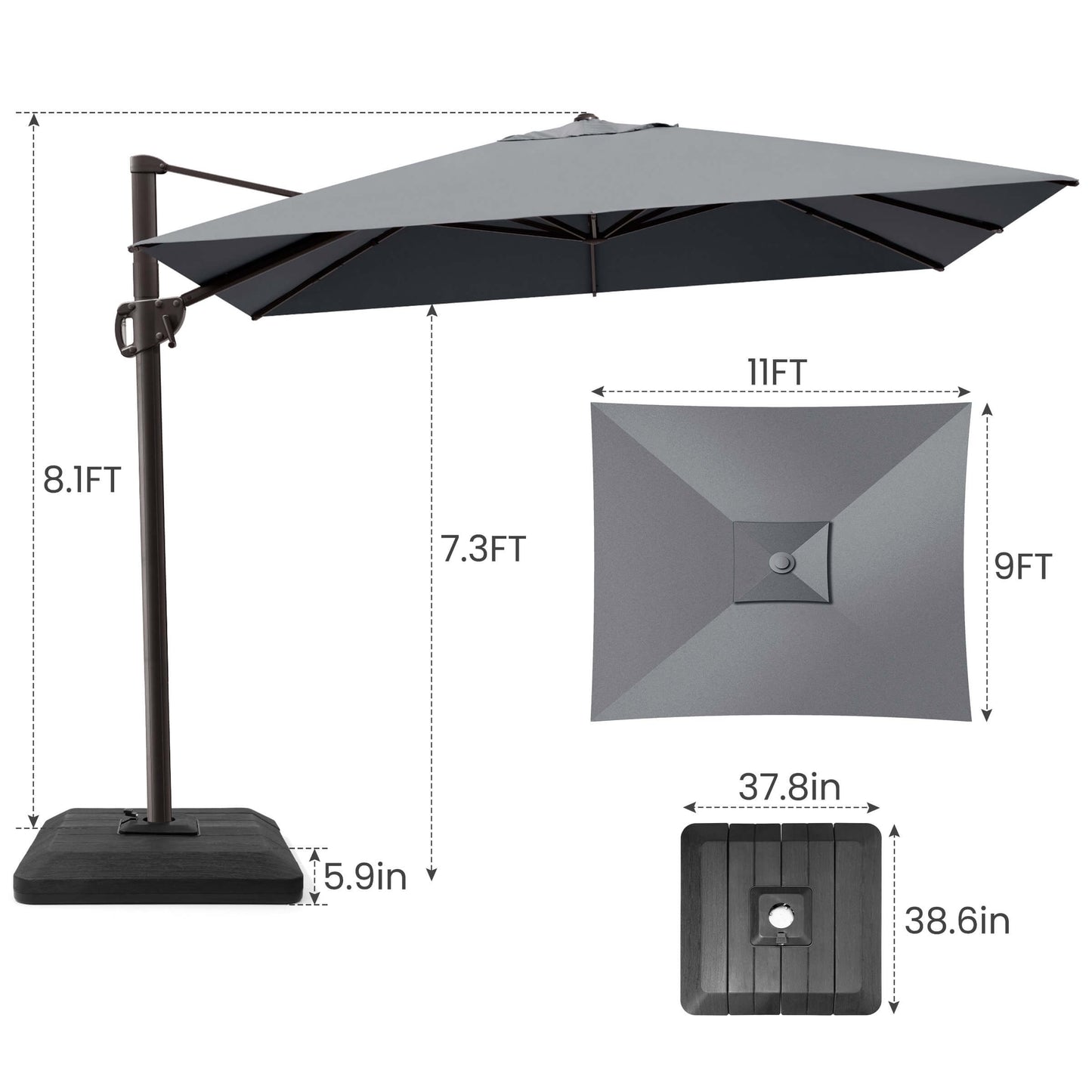 11x9 FT grey rectangular cantilever umbrella & weighted base dimensions.