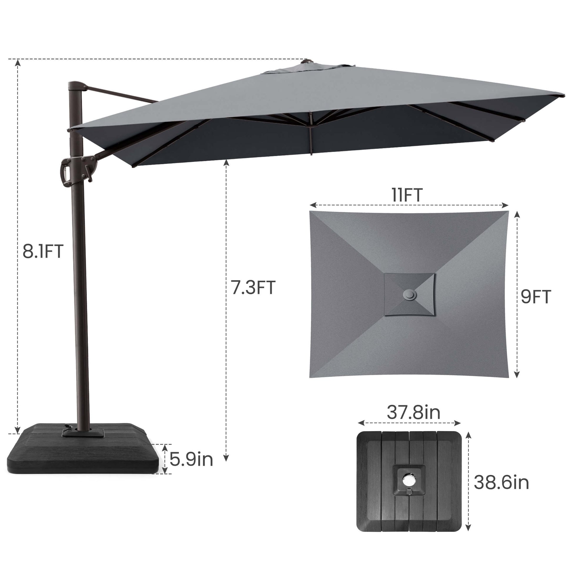 11x9 FT grey rectangular cantilever umbrella & weighted base dimensions.