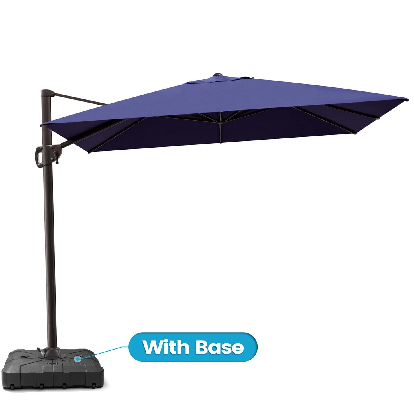 Navy blue rectangular cantilever patio umbrella with wheeled base.