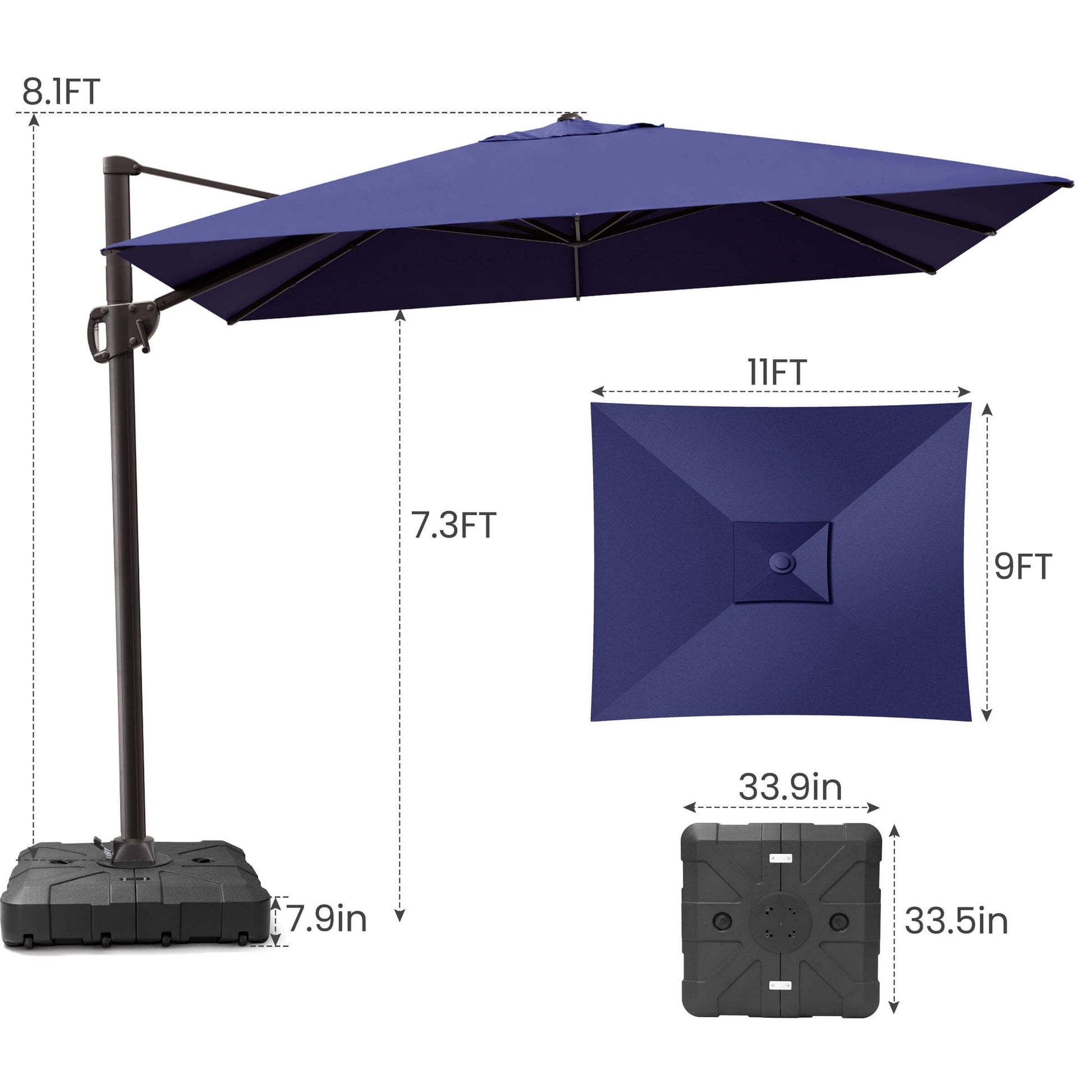 9x11 FT navy blue rectangular cantilever umbrella & wheeled base dimensions.
