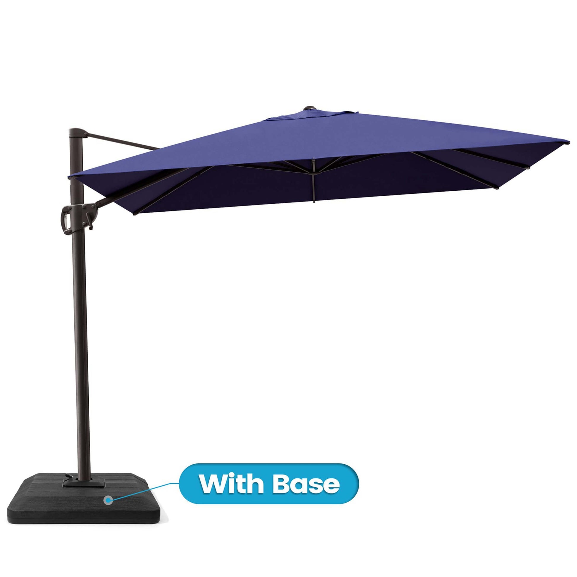 Navy blue rectangular cantilever patio umbrella with weighted base.