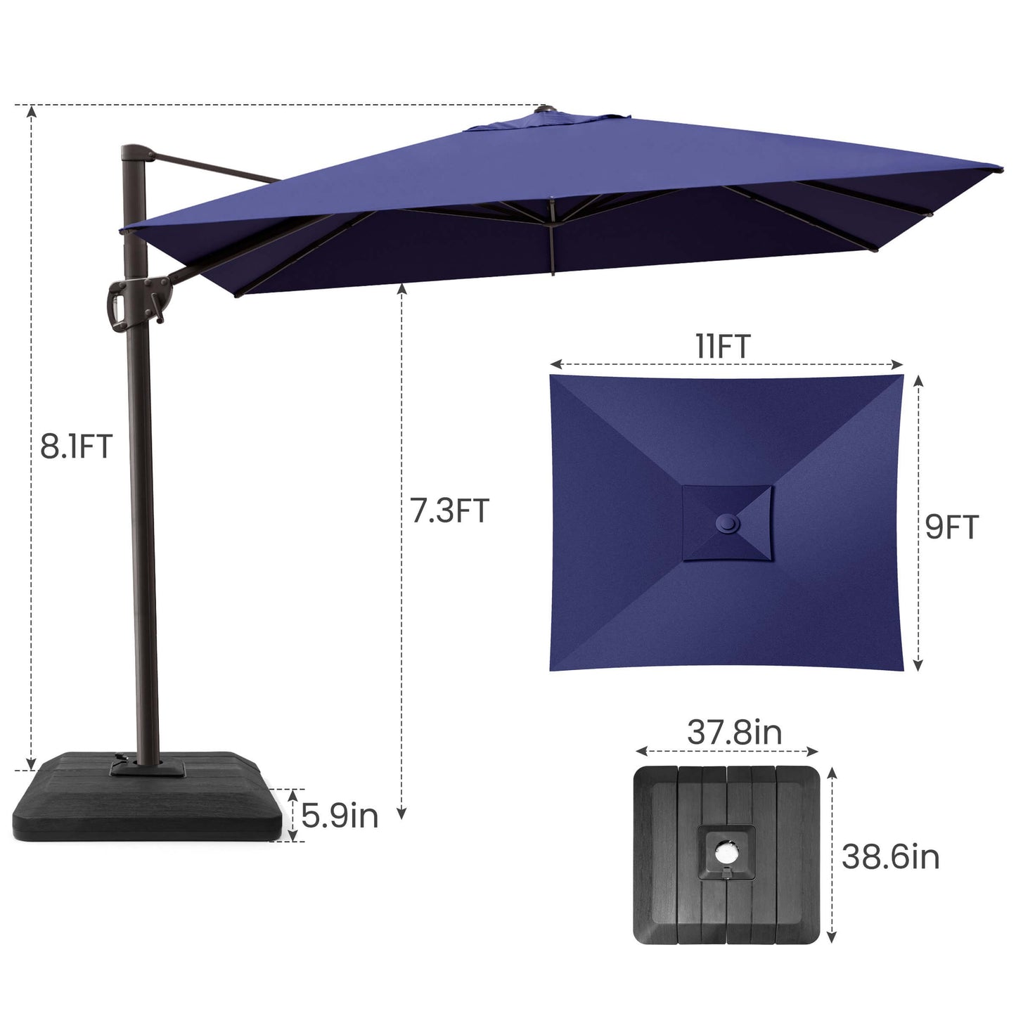 11x9 FT navy blue rectangular cantilever umbrella & weighted base dimensions.