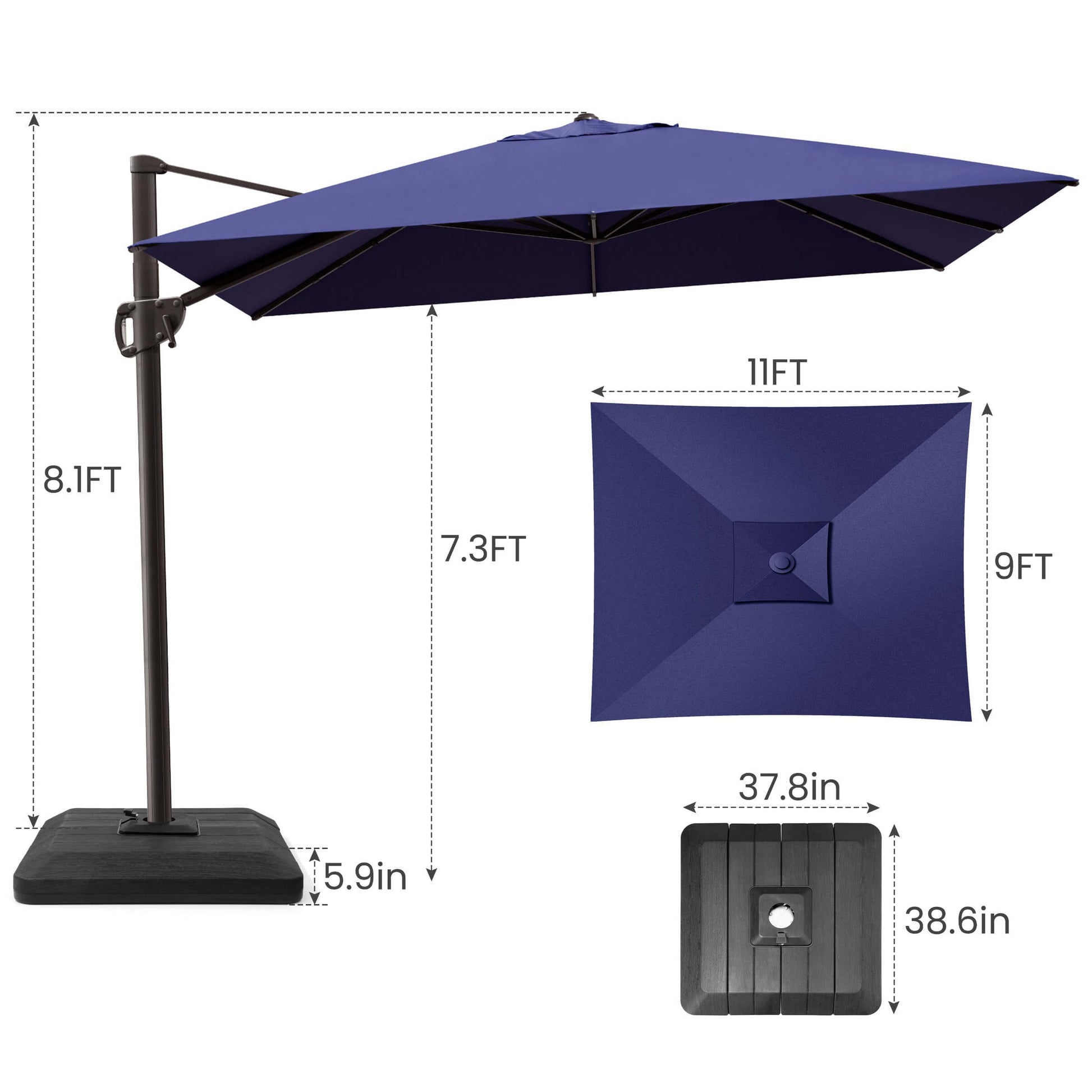 11x9 FT navy blue rectangular cantilever umbrella & weighted base dimensions.