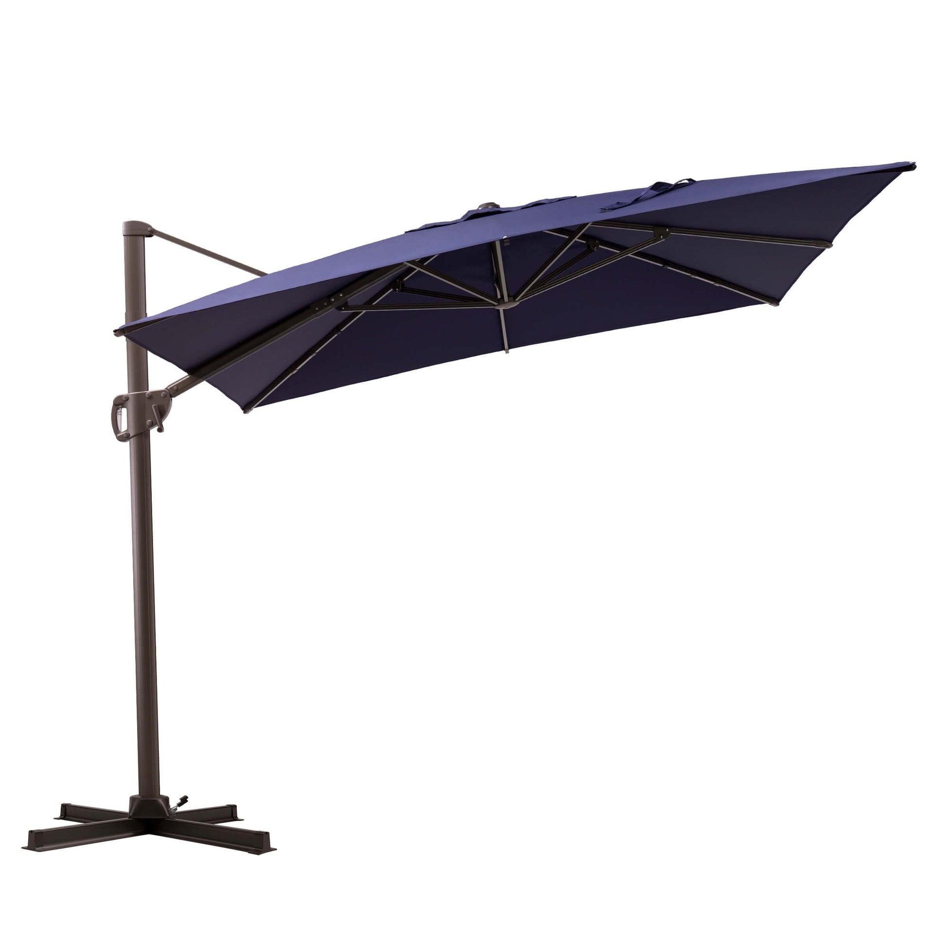 Tilted navy blue rectangular cantilever patio umbrella with cross base.