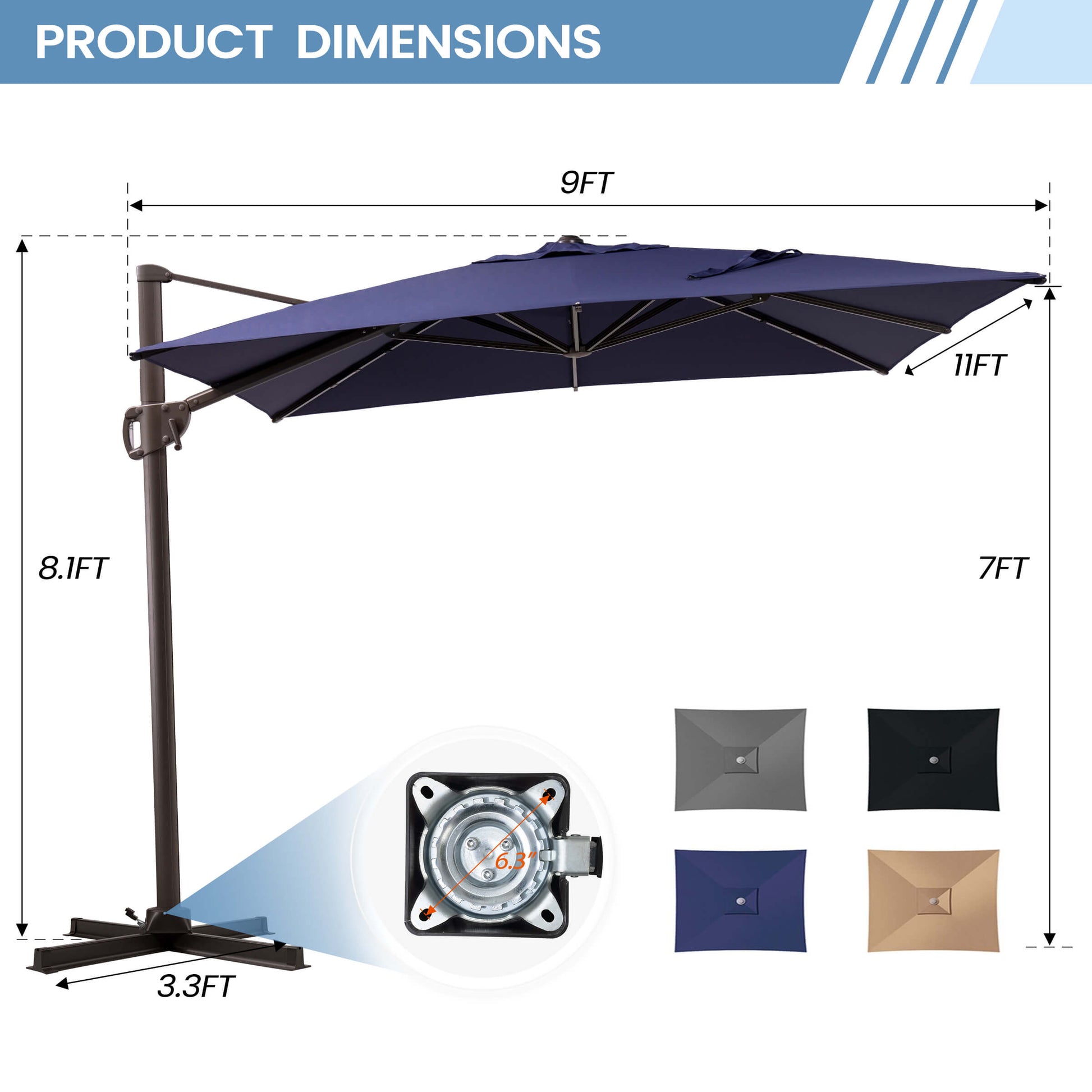 11x9 FT navy blue rectangular cantilever umbrella dimensions, cross base, and color options.