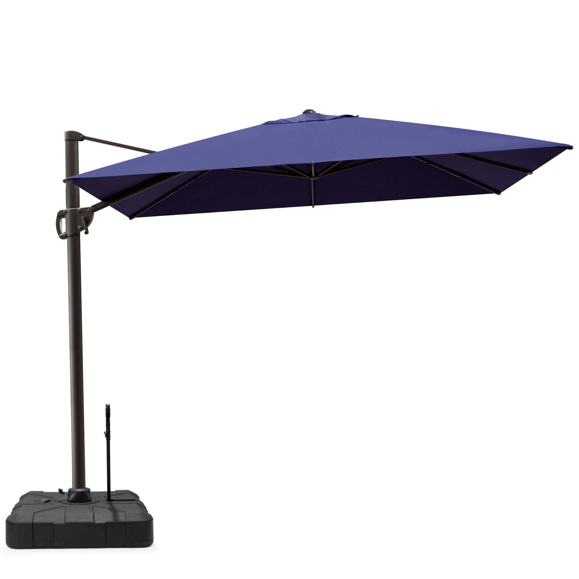 Navy blue rectangular cantilever patio umbrella with pull-rod base.