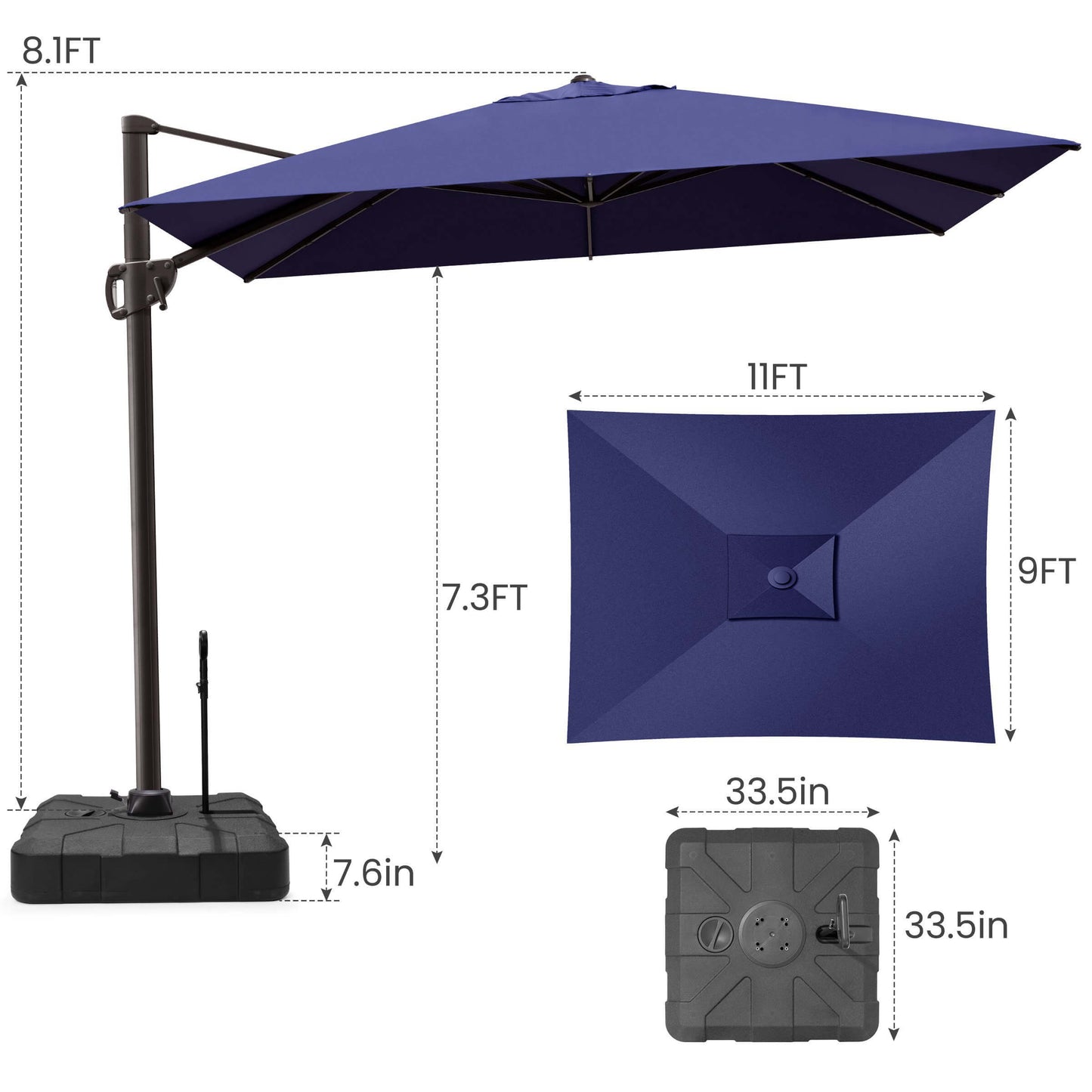 11x9 FT navy blue rectangular cantilever umbrella & weighted pull-rod base dimensions.