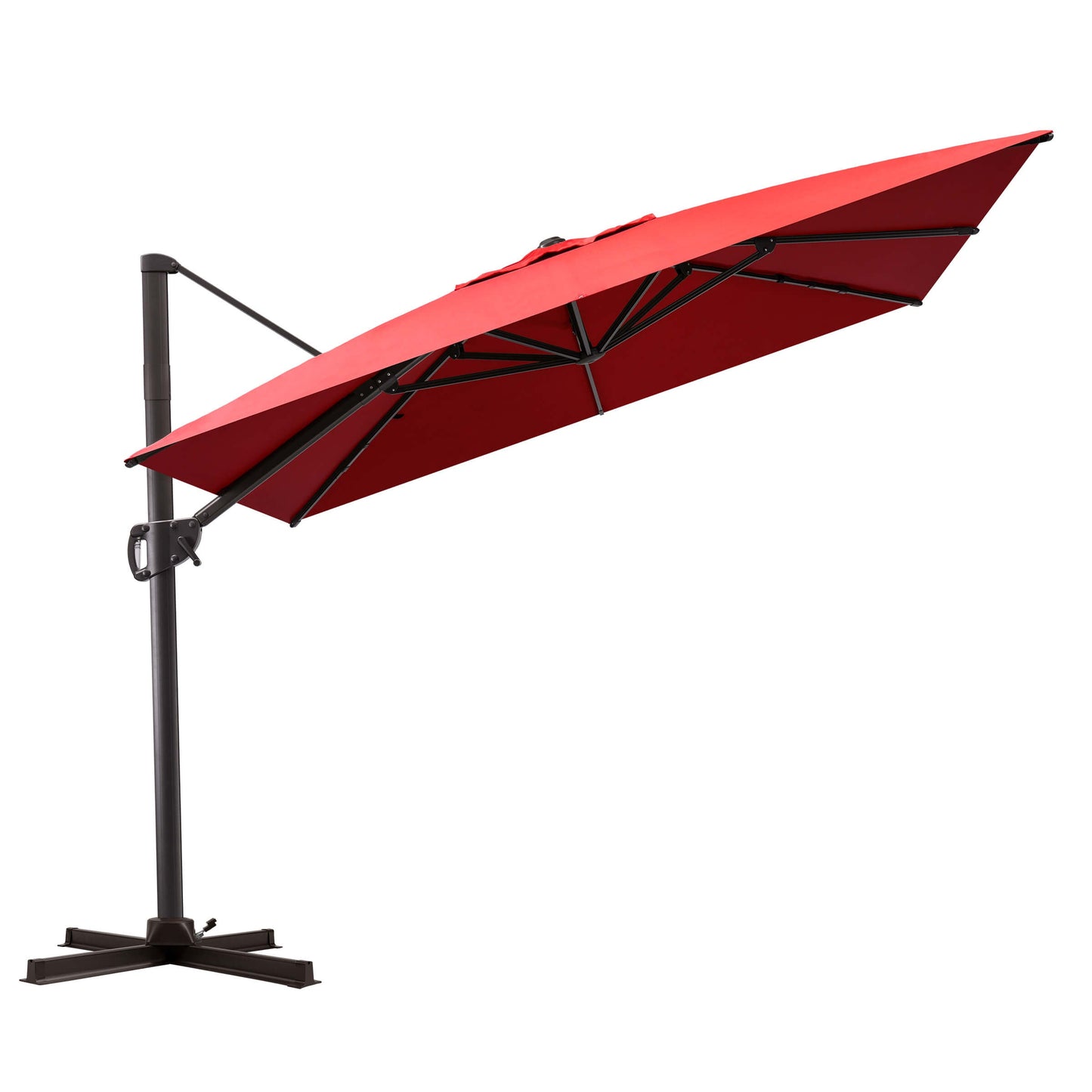 Tilted red rectangular cantilever patio umbrella with cross base.
