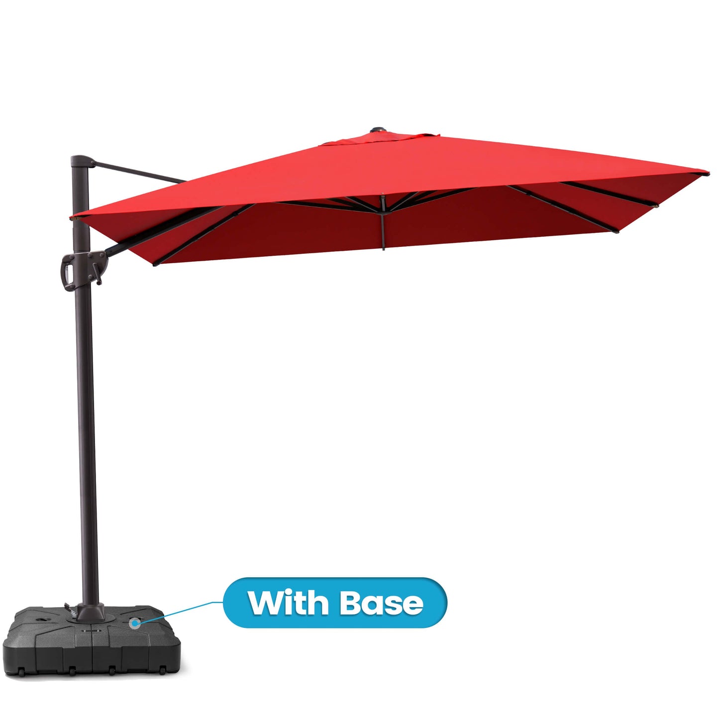 Red rectangular cantilever patio umbrella with wheeled base.