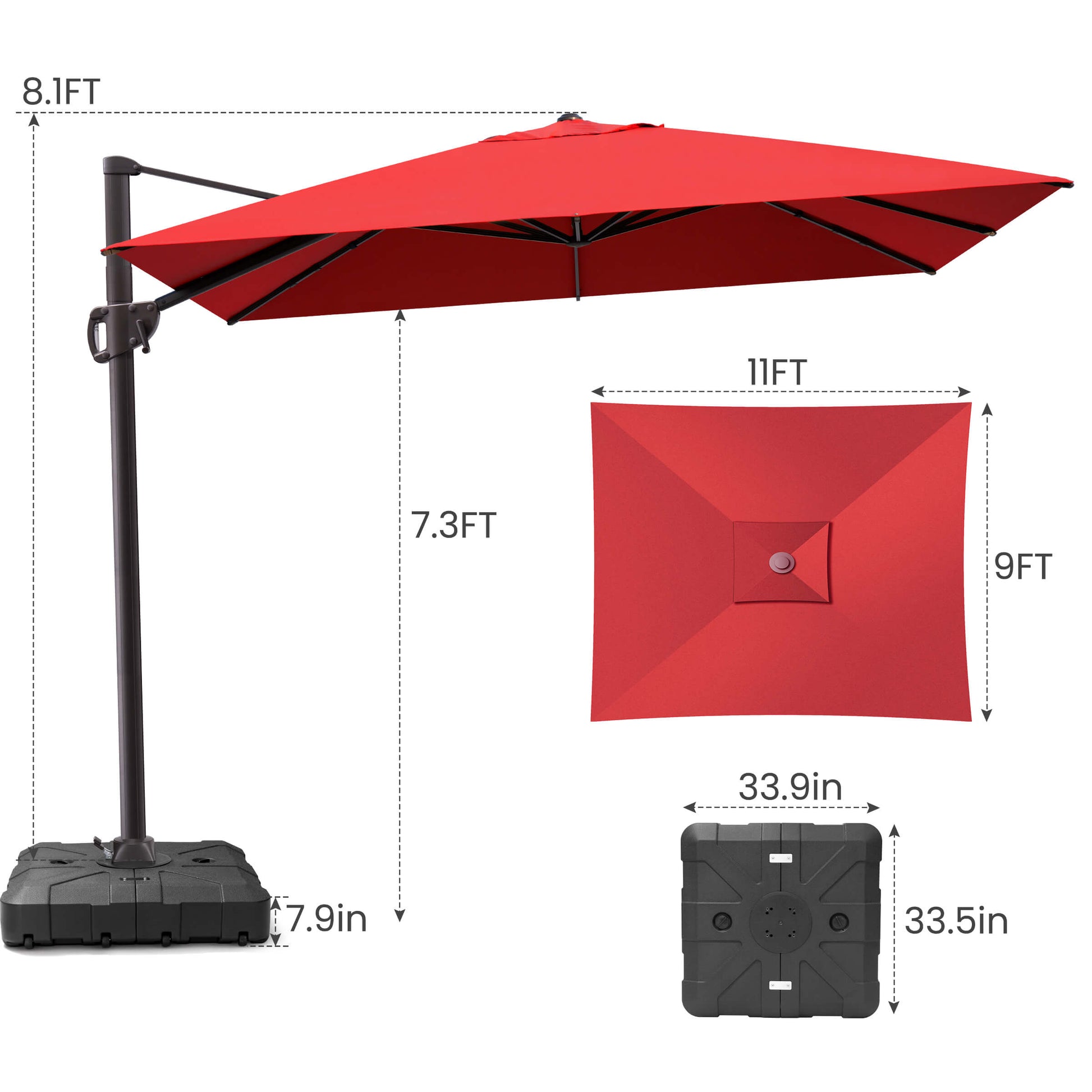 11x9 FT red rectangular cantilever umbrella & wheeled base dimensions.